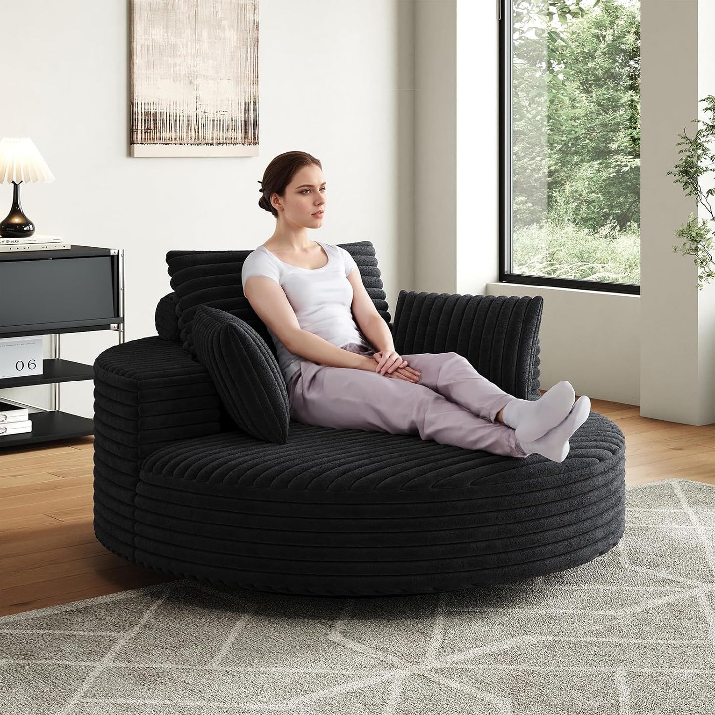 55 inch 360° Swivel Accent Chair, Chaise Lounge Chair Indoor Oversized Round Swivel Accent Chair Modern Corduroy Single Sofa Chair Deep Seat Chair for Living Room Bedroom Apartment, Grey