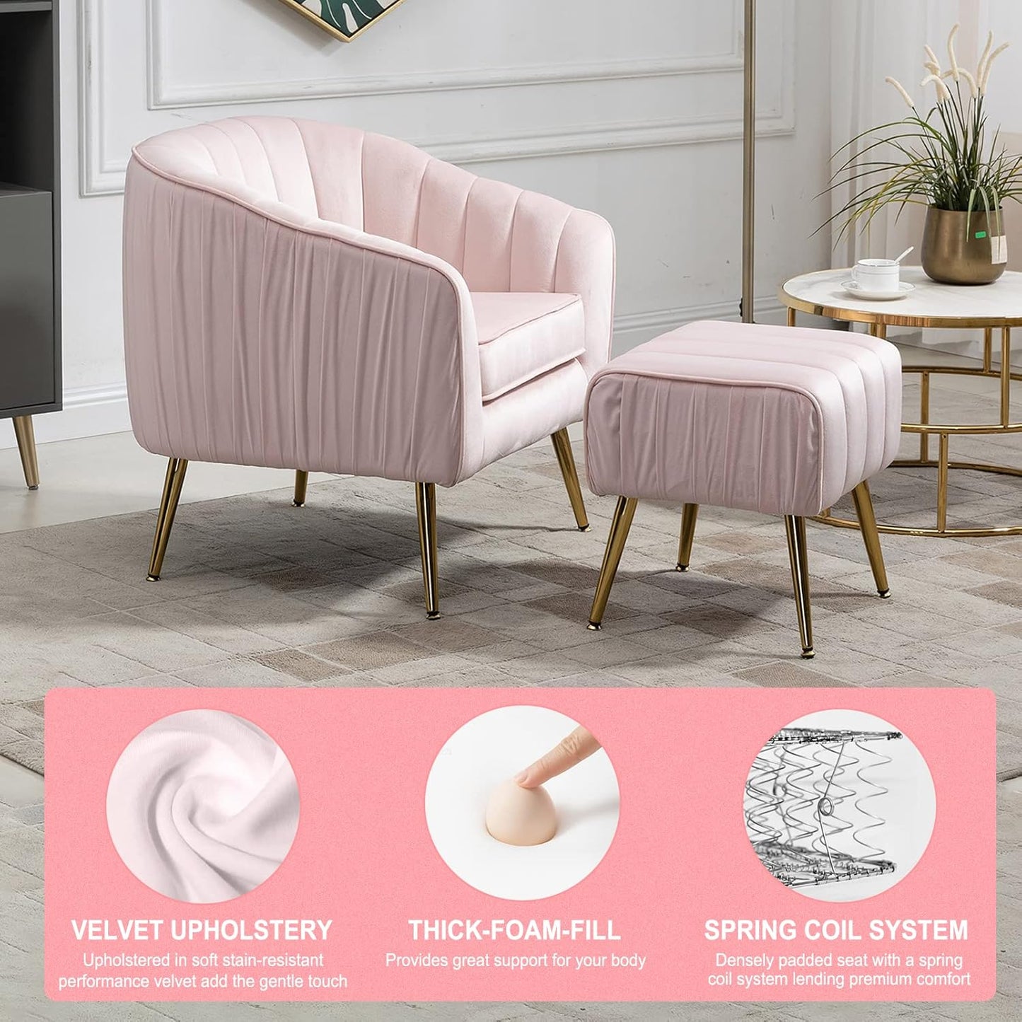 Velvet Accent Sofa Chair with Ottoman, Comfy Living Room Chairs with Adjustable Legs, Modern Upholstered Tufted Lounge Barrel Chair Ottoman Set for Bedroom, Home, Office (Pink)