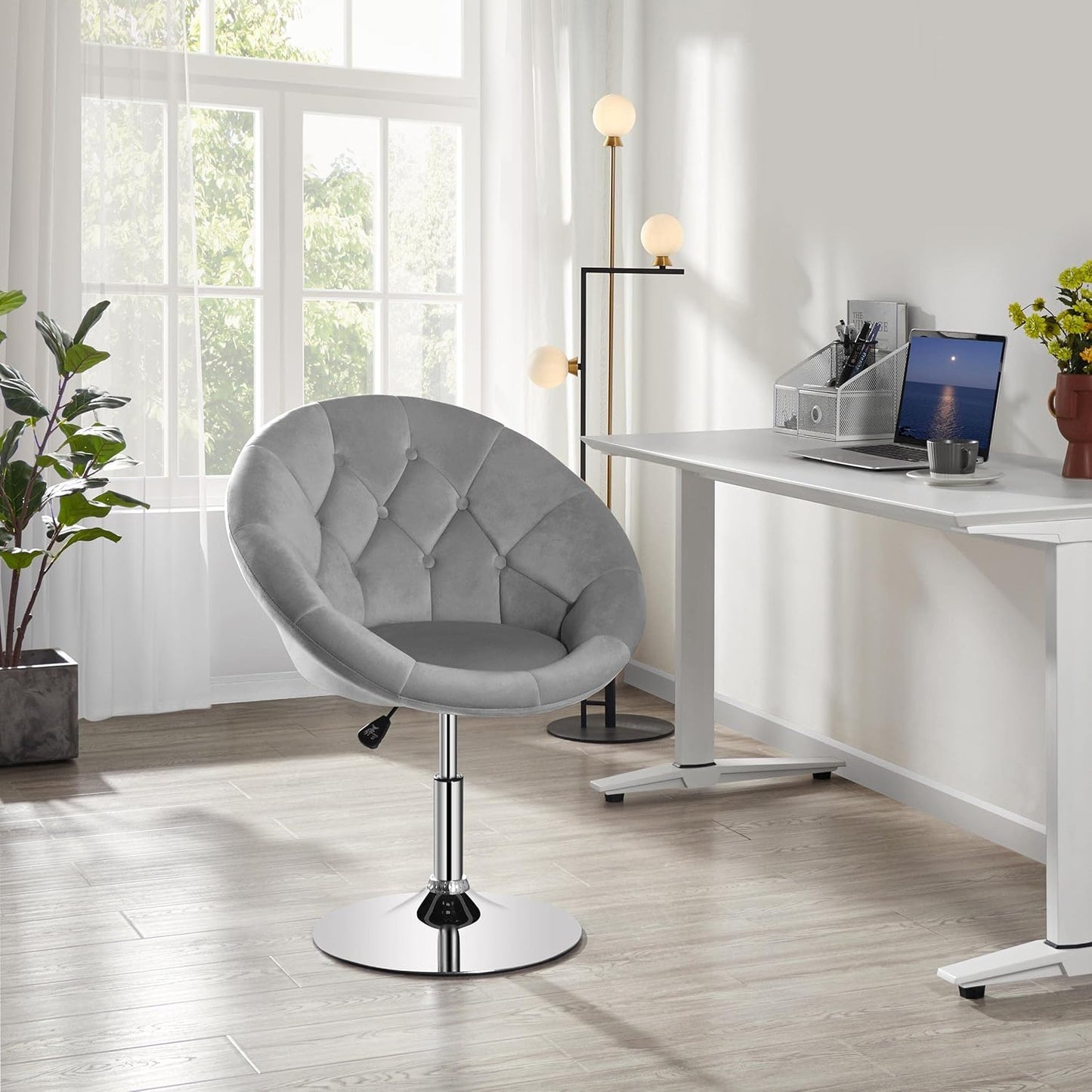 Adjustable Armchair Cozy Velvet Vanity Chair with 360 Degree Swive Large Base Barstool Living Room Tub Chair Accent Chair for Dressing Room Bedroom Lounge, Grey