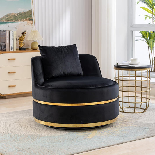 Ball & Cast 360°Swivel Accent Chair with Pillow,Velvet Upholstered Oversized Barrel Chair with Seat Cushion for Reading,Movies,Nap in Living Room,Bedroom,Apartment,Black