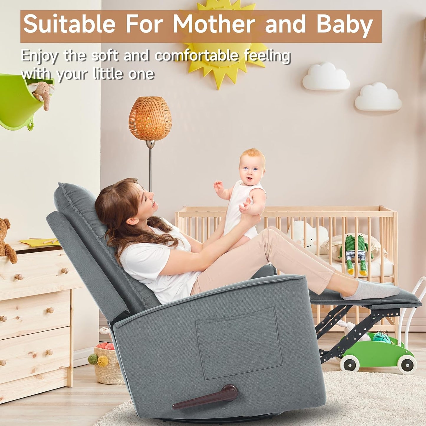 Swivel Rocker Recliner Chair for Adults, Glider Rocking Chair for Nursery, Small Recliner Chair for Small Spaces, RV, Living Room(Grey)
