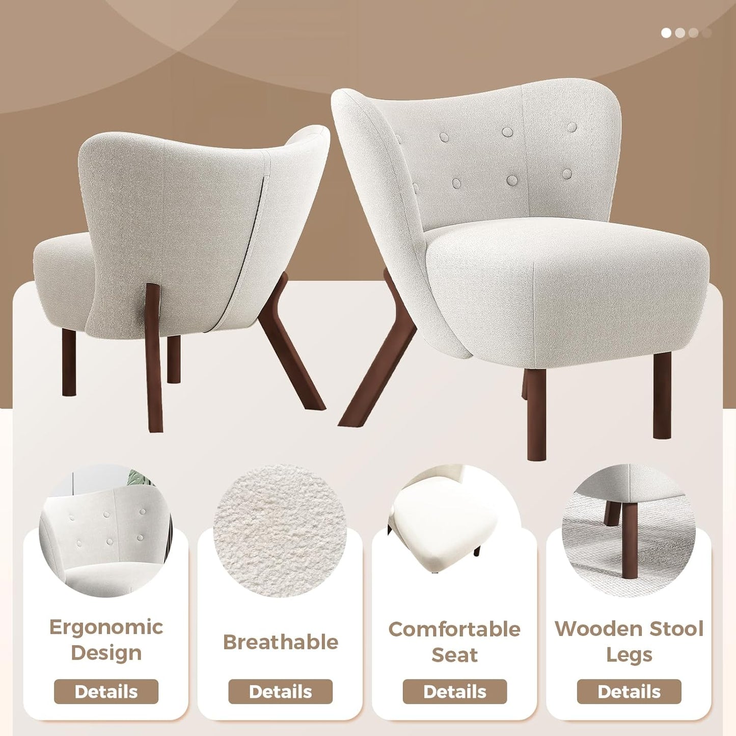 Bonzy Home Modern Accent Chair, Fabric Upholstered Wingback Side Chair with Wooden Legs, Slipper Chair for Living Room, Bedroom, Entryway, White