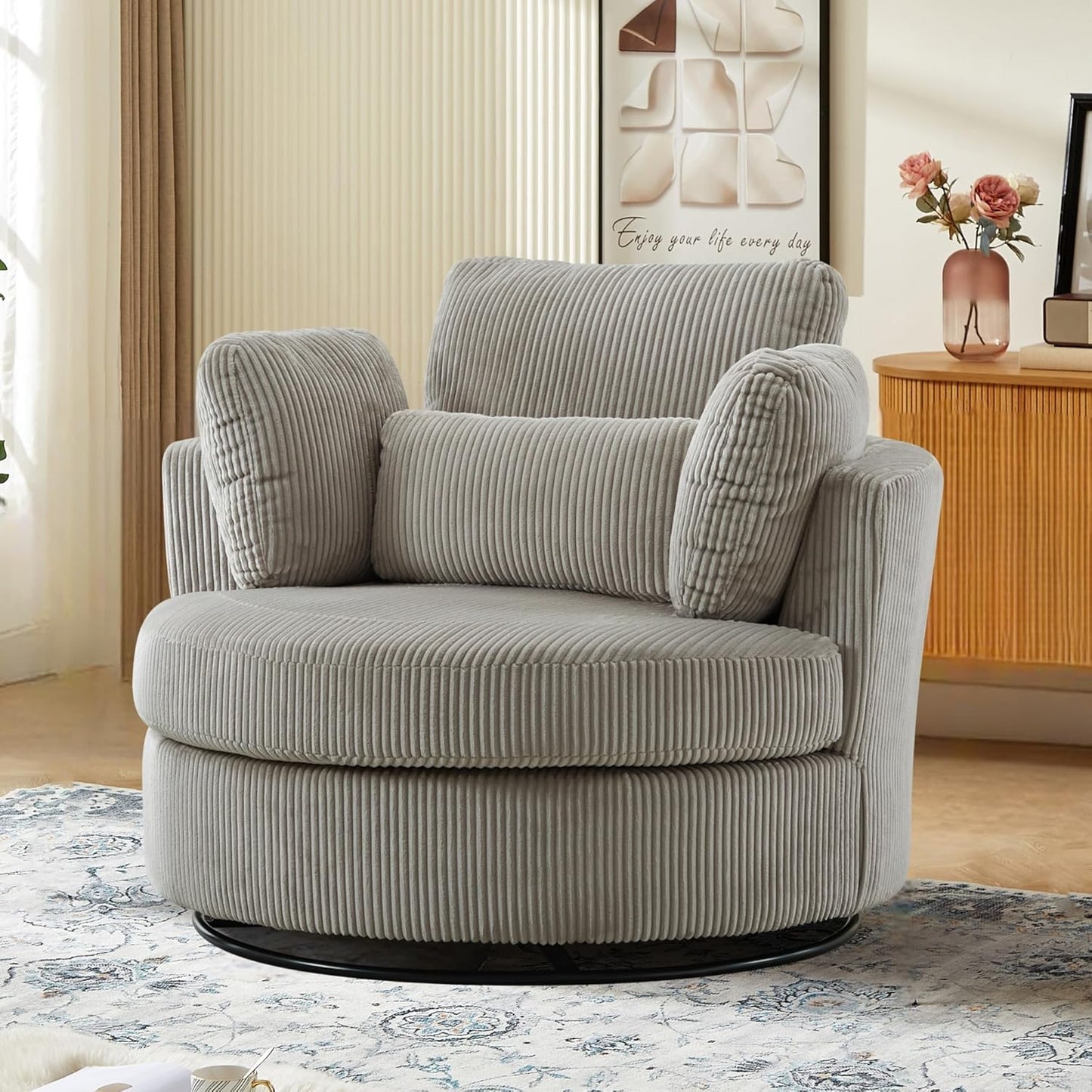 Sinzho & Wiyfun 42" Oversized Swivel Accent Chair Upholstered Striped Corduroy Large Round Barrel Chair with 4 Pillows for Living Room, Ivory