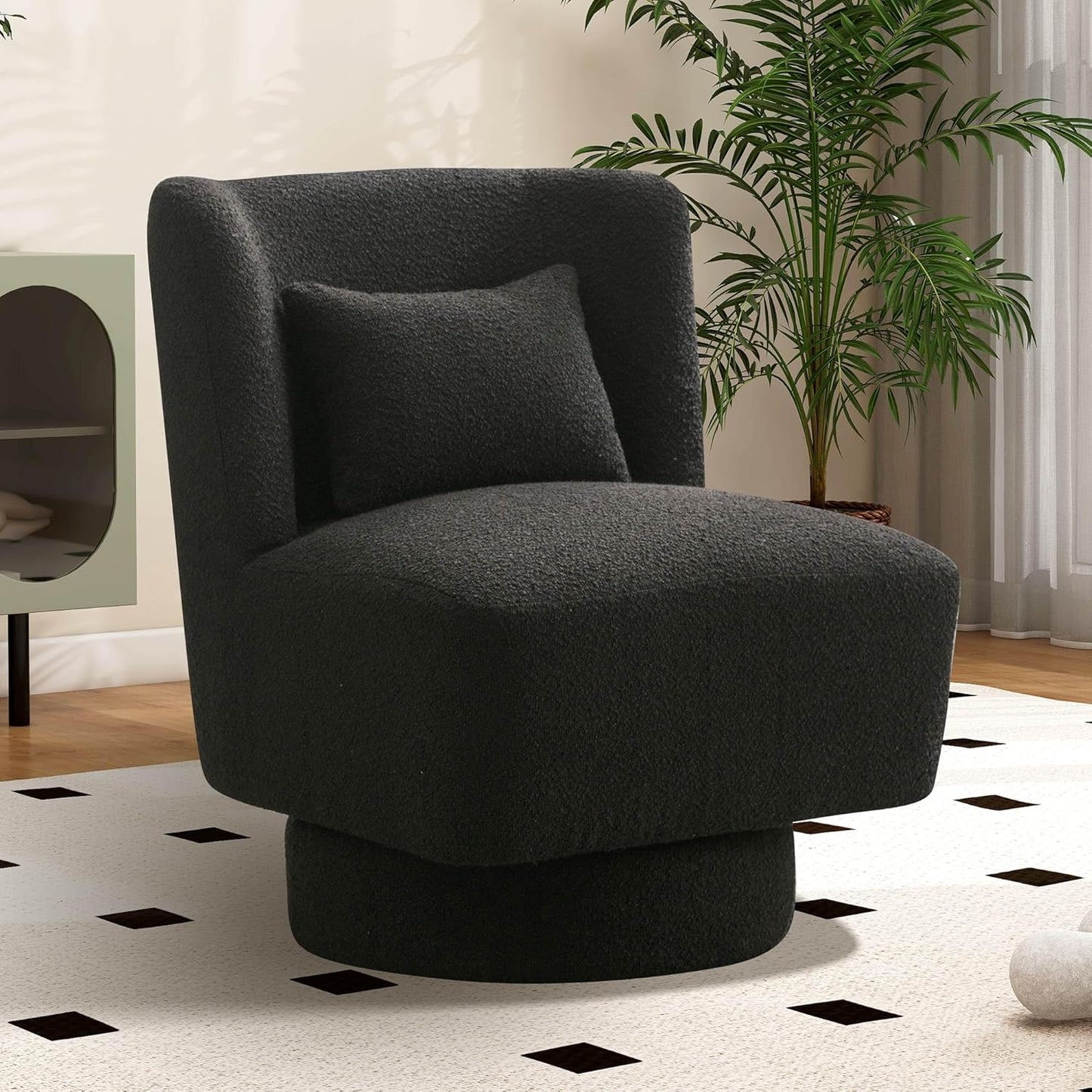 Aoiy & Wifon 23.6" W Comfy Swivel Accent Chair, Modern Living Room Accent Chair, 360 Degree Swivel Barrel Chairs for Living Room, Boucle, Black, 2PACK