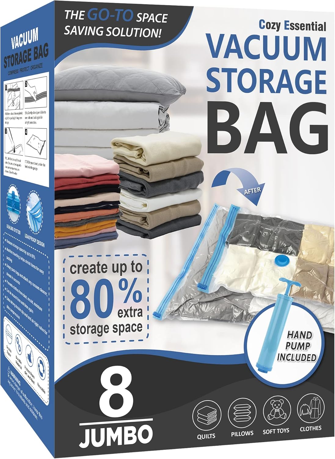 20 Pack Vacuum Storage Bags, Space Saver Bags (4 Jumbo/4 Large/4 Medium/4 Small/4 Roll) Compression for Comforters and Blankets, Sealer Clothes Storage, Hand Pump Included