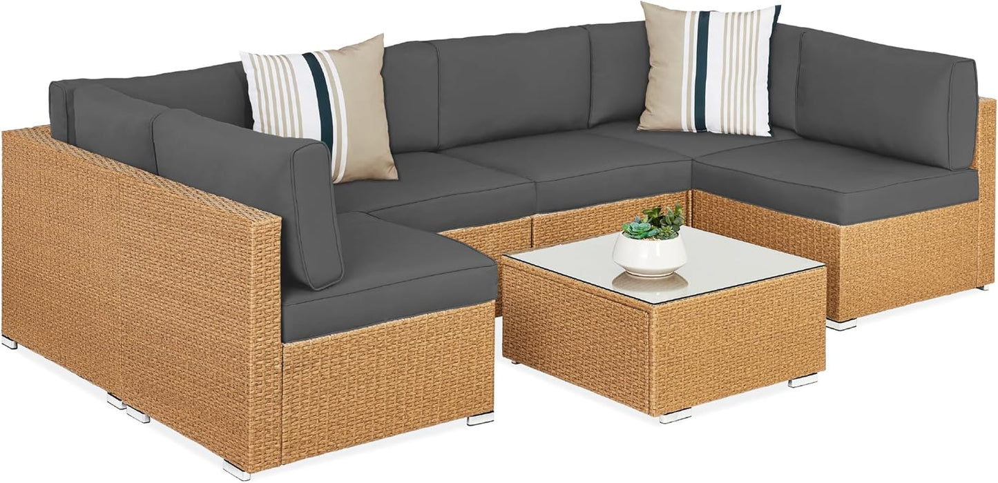 Best Choice Products 7-Piece Modular Outdoor Sectional Wicker Patio Conversation Set w/ 2 Pillows, Coffee Table, Cover Included - Gray/Gray