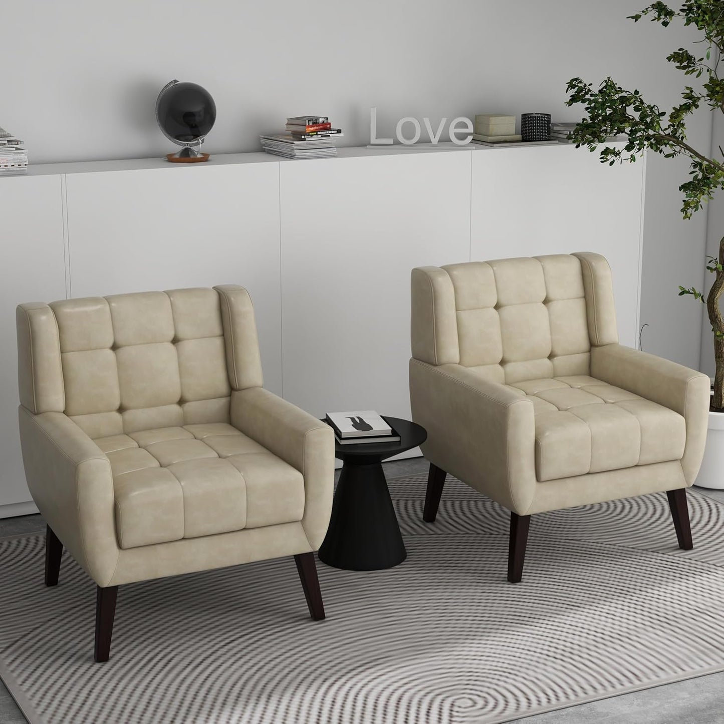 Accent Chairs Set of 2, Modern Fabric Upholstered Armchairs for Living Room, Comfy Arm Chairs Tufted Back and Solid Wood Legs for Bedroom Office Room (Light Blue)