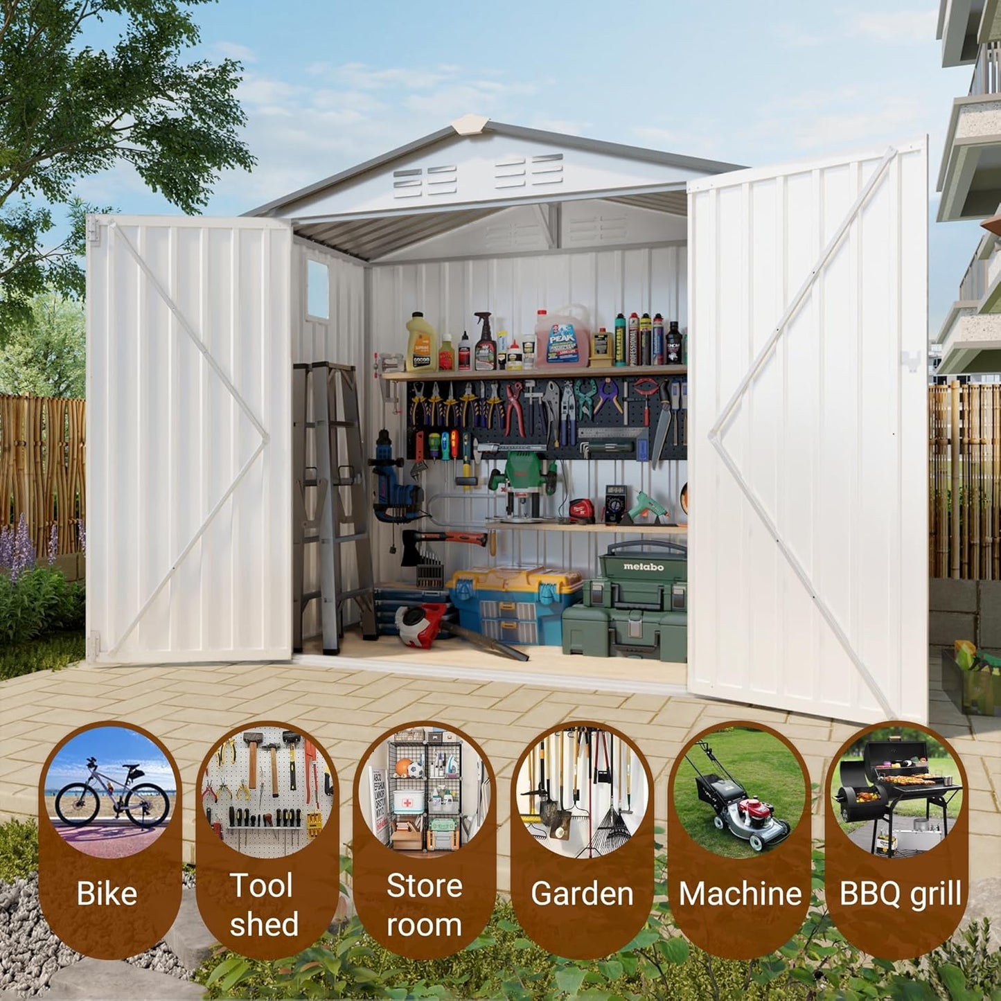 8x5.7x6FT Storage Shed, Outdoor Galvanized Steel Garden Shed with Lockable Door & Window, Waterproof Metal Tool Storage for Garden, Backyard, Patio, Lawn