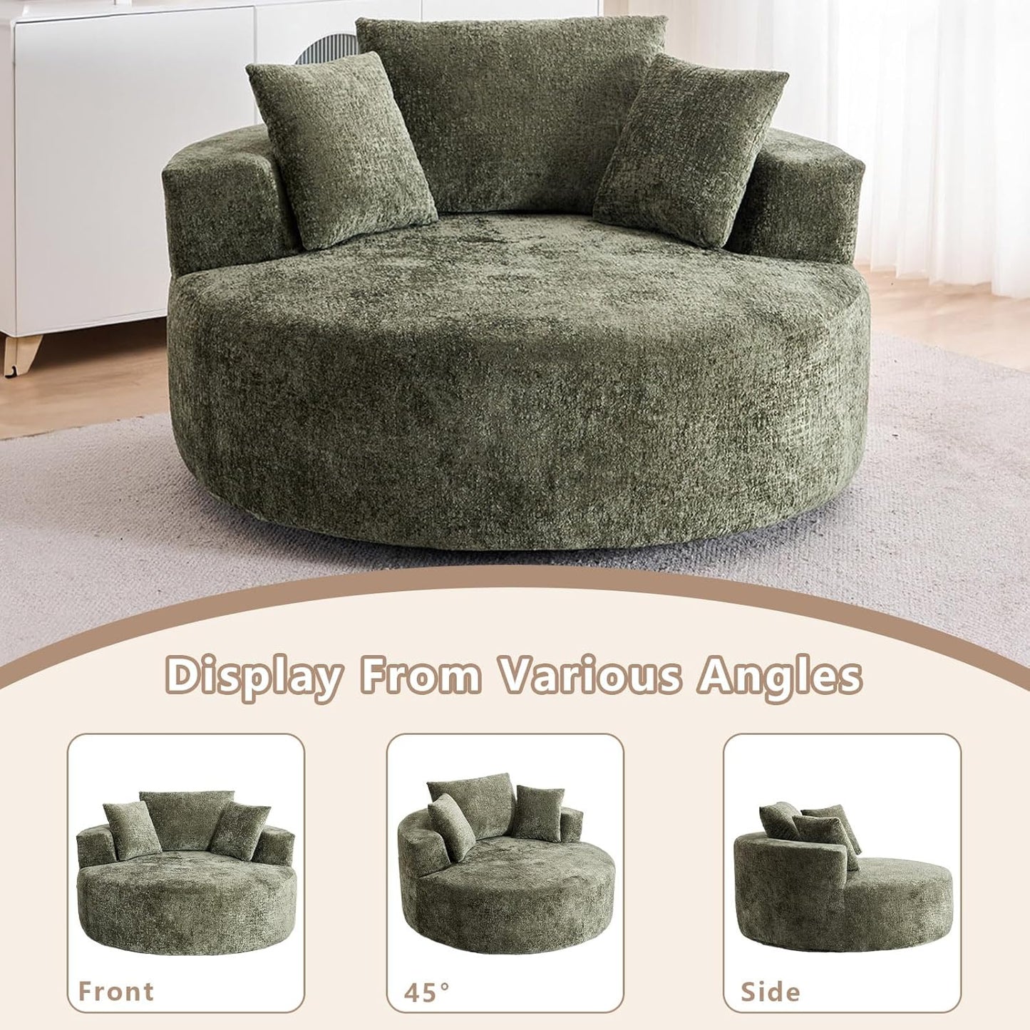 54.33" Oversized Round Chaise Longue Chair Indoor, 360° Swivel Round Upholstered Sofa, Modern Chenille Accent Chair with Pillow for Living Room, Bedroom Apartment,Green