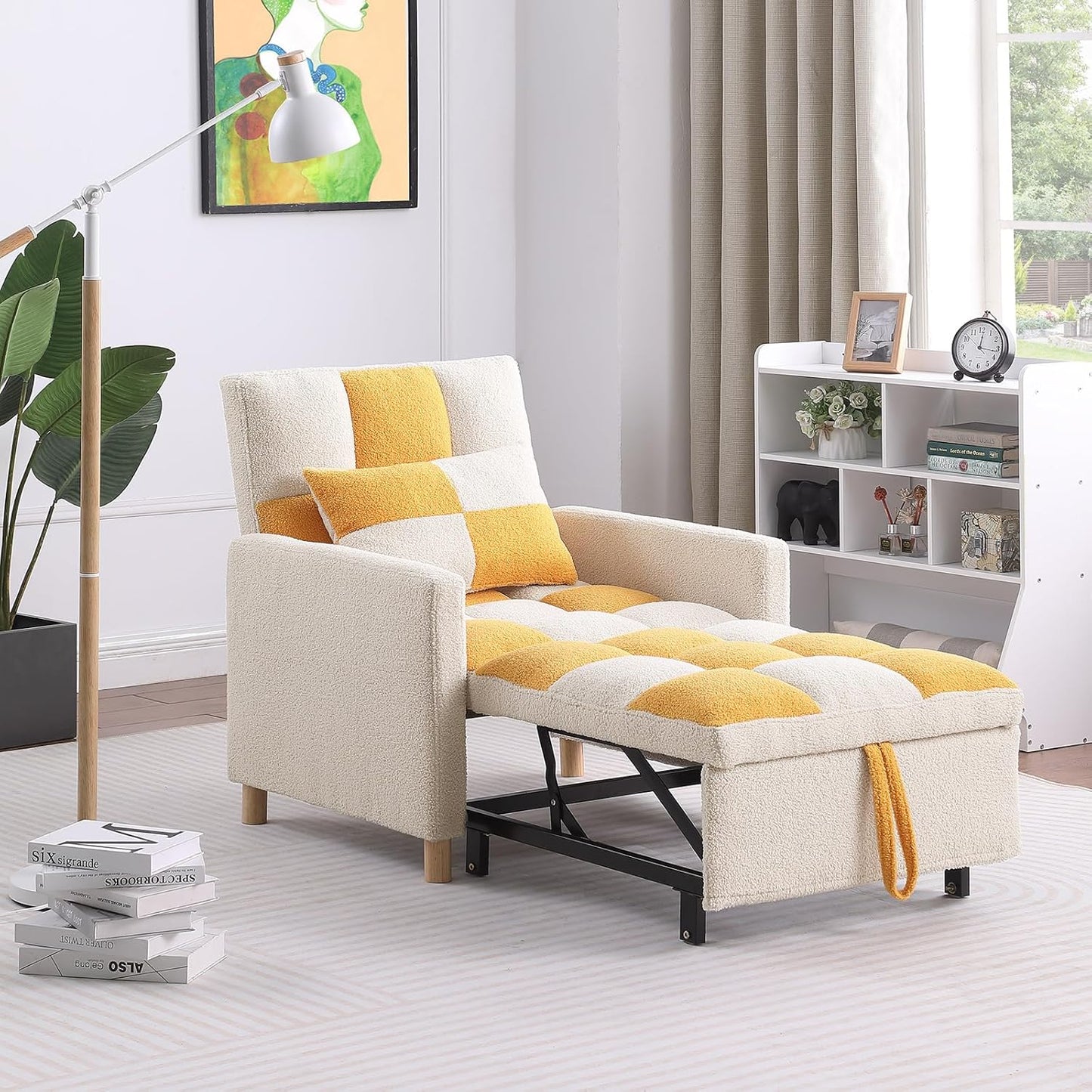 Sleeper Chair Bed Multi-functional Convertible Chair Sleeper Teddy Fabric Adjustable Single Pull Out Sofa Bed with Lumbar for Studio,Dorm, Apartment, Bedroom,Office,Living Room (Beige&Yellow)