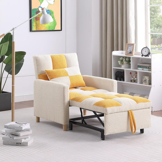 Sleeper Chair Bed Multi-functional Convertible Chair Sleeper Teddy Fabric Adjustable Single Pull Out Sofa Bed with Lumbar for Studio,Dorm, Apartment, Bedroom,Office,Living Room (Beige&Yellow)