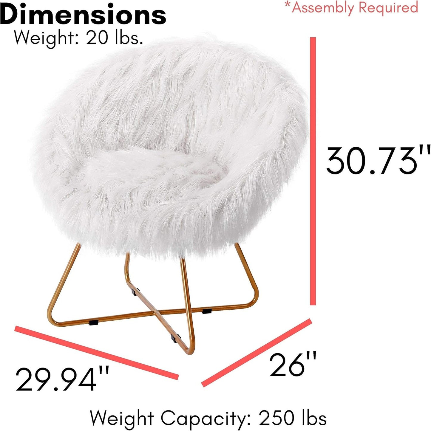 BIRDROCK HOME White Faux Fur Chair with Pale Gold Legs for Dorm Room, Teens Bedroom - Fuzzy Papasan Chair - Comfy Wide Cushion Seat - Accent Chair - Moon Chair - Metal - Fluffy Round Seat - White
