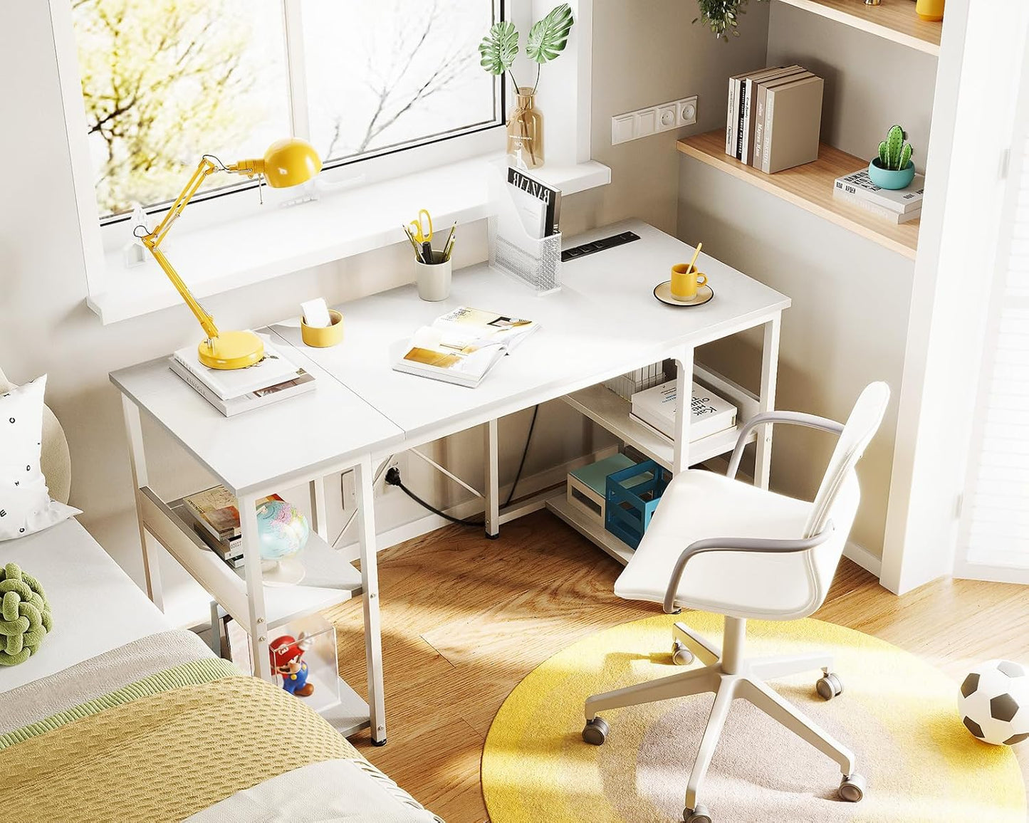 AODK 48 Inch Small Computer Desk with Power Outlets & USB Charging Port, Home Table with Storage Shelves, Student Laptop PC Desks for Small Spaces Home Office Writing Desk, Kids Desk, White