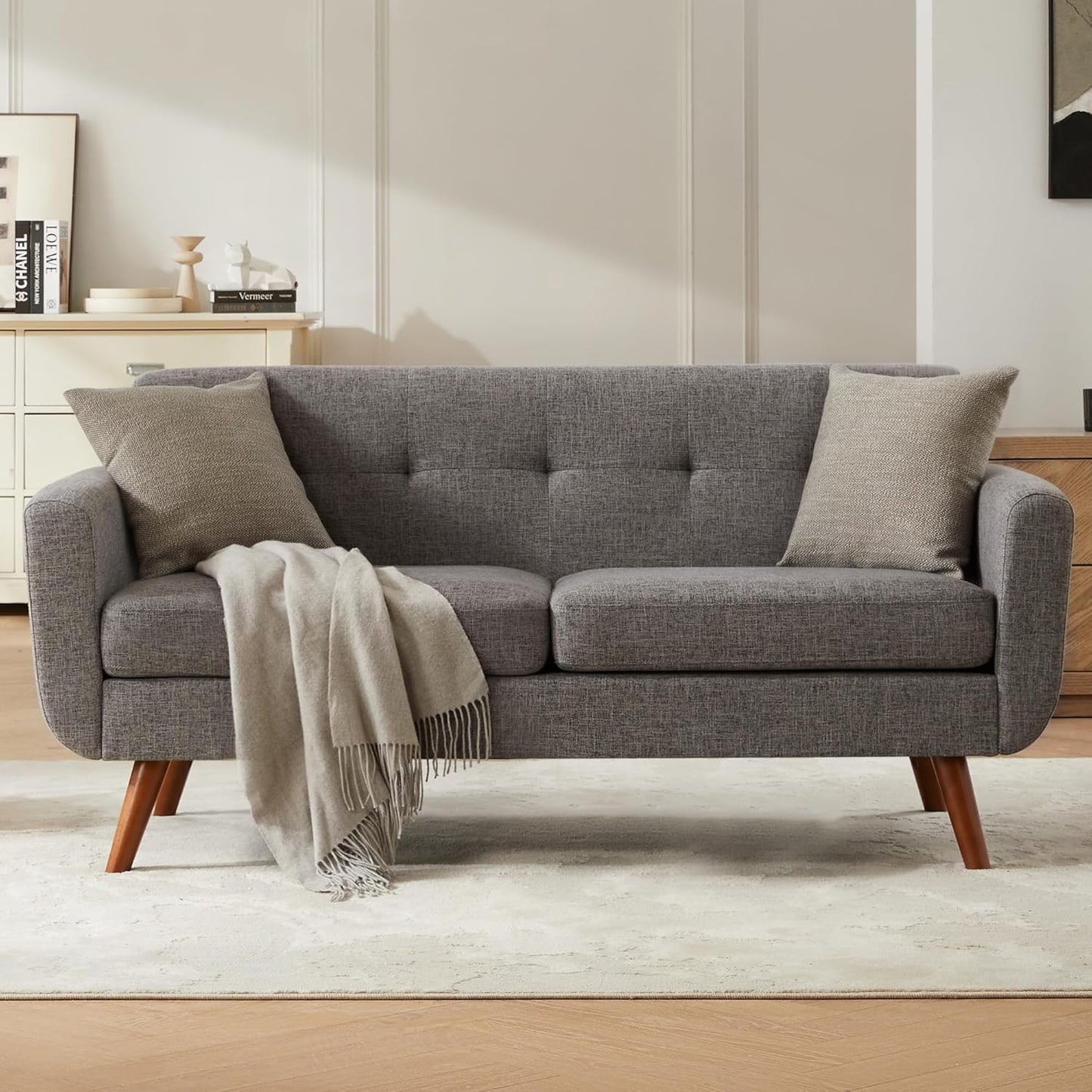 Tbfit 65" W Loveseat Sofa, Mid Century Modern Decor Love Seat Couches for Living Room, Button Tufted Upholstered Small Couch for Bedroom, Solid and Easy to Install Love Seats Furniture, Beige