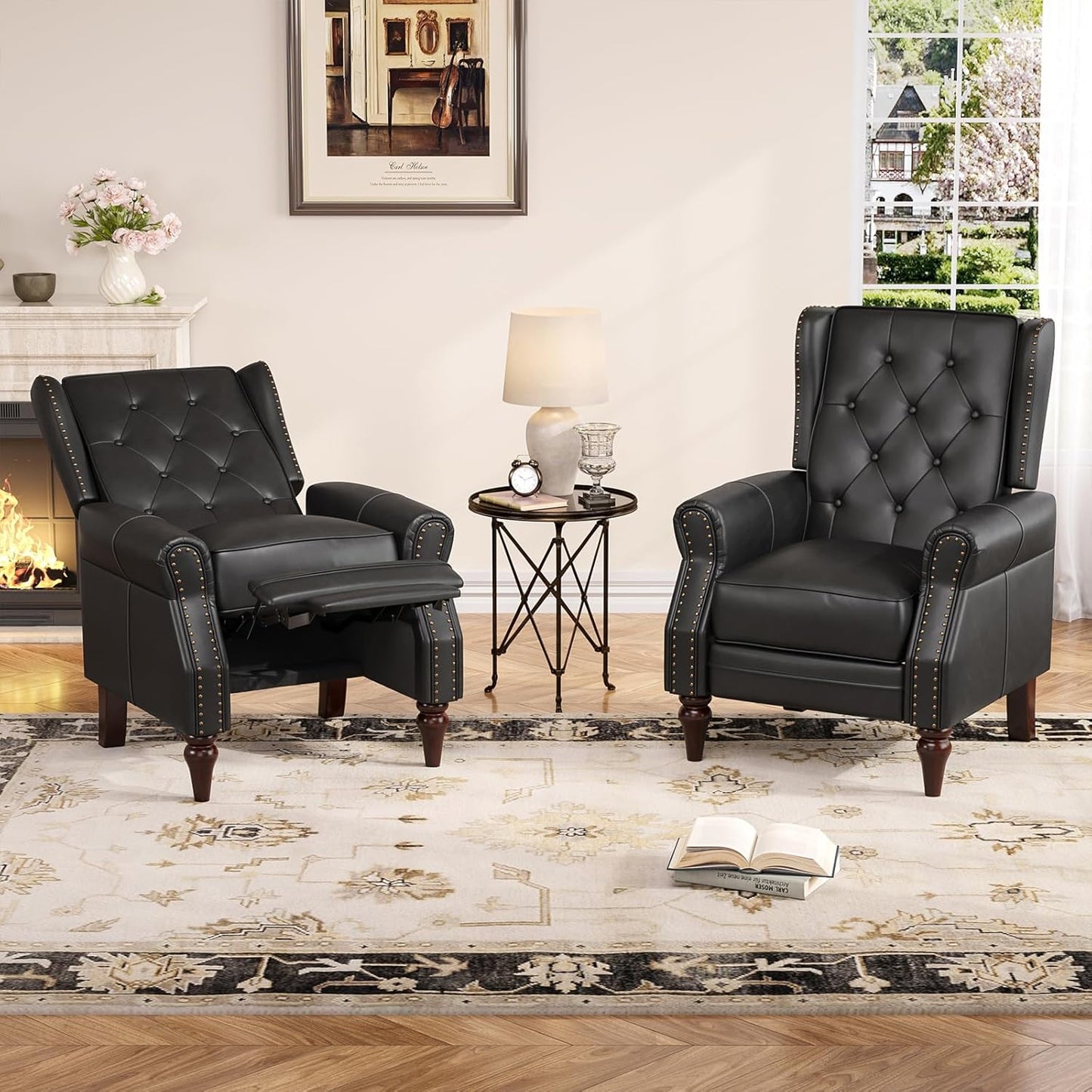 Small Recliner Chair, Modern Faux Leather Living Room Chairs with Tufted Buttons and Metal Rivets, Wingback Recliner with Wooden Legs, Comfy Pushback Arm Chair for Living Room, Bedroom, Matt Brown