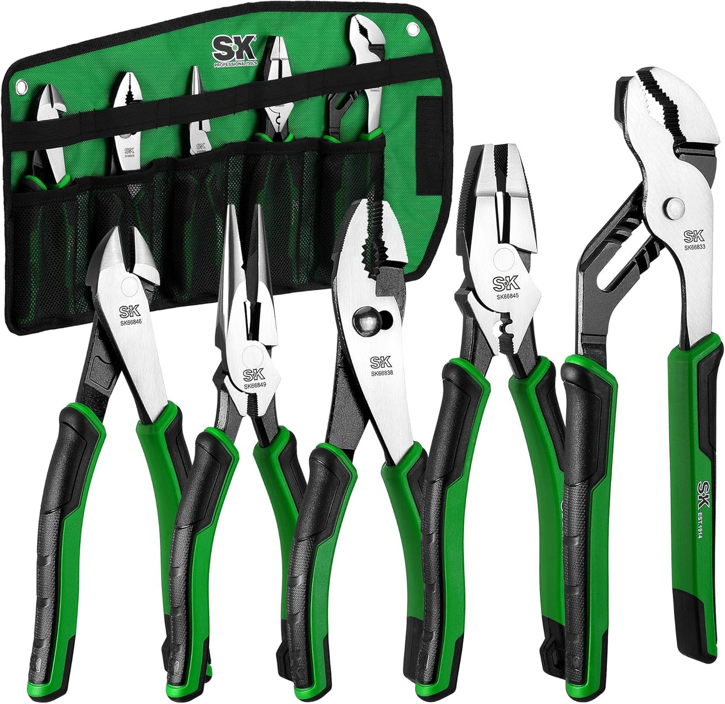 SK 5-Piece Pliers Set, 8" Long Nose, 9.5" Linesman, 8" Slip Joint, 8" Diagonal, and 10" Groove Joint, Premium CR-V Construction, with EVA Foam Tool Organizer