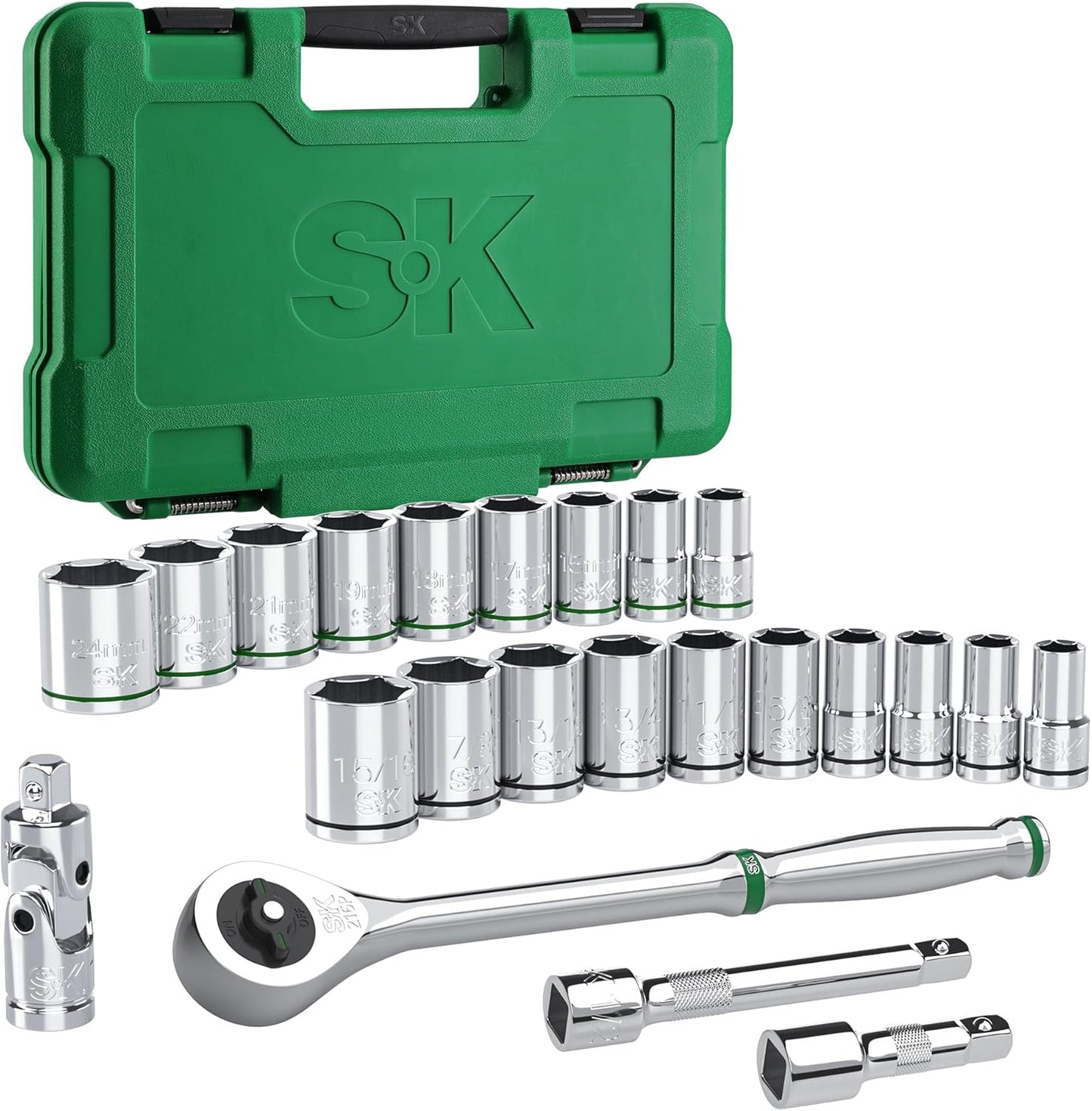 SK 1/2" Drive Socket Set with 160-P Ratchet, 52-Piece, SAE & Metric, SuperKrome Finish, Premium CR-V Construction, with EVA Foam Tool Organizer
