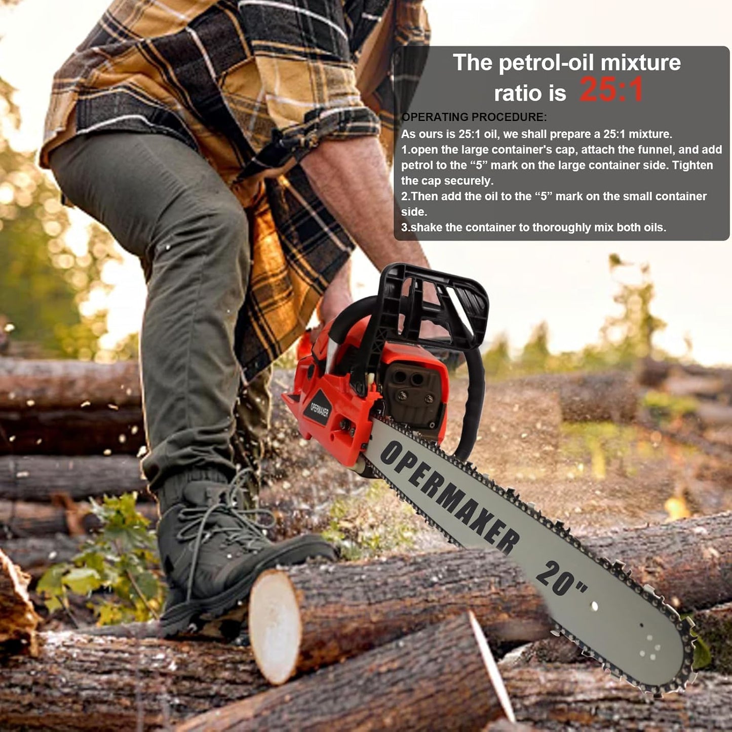 58CC 20 Inch 2-Cycle Gas Powered Chainsaw, 12500r/min 3.8 HP Chainsaw Gas Powered, Low Kickback, Anti-Vibration, Protective Design for Tree Wood Cutting(Red)