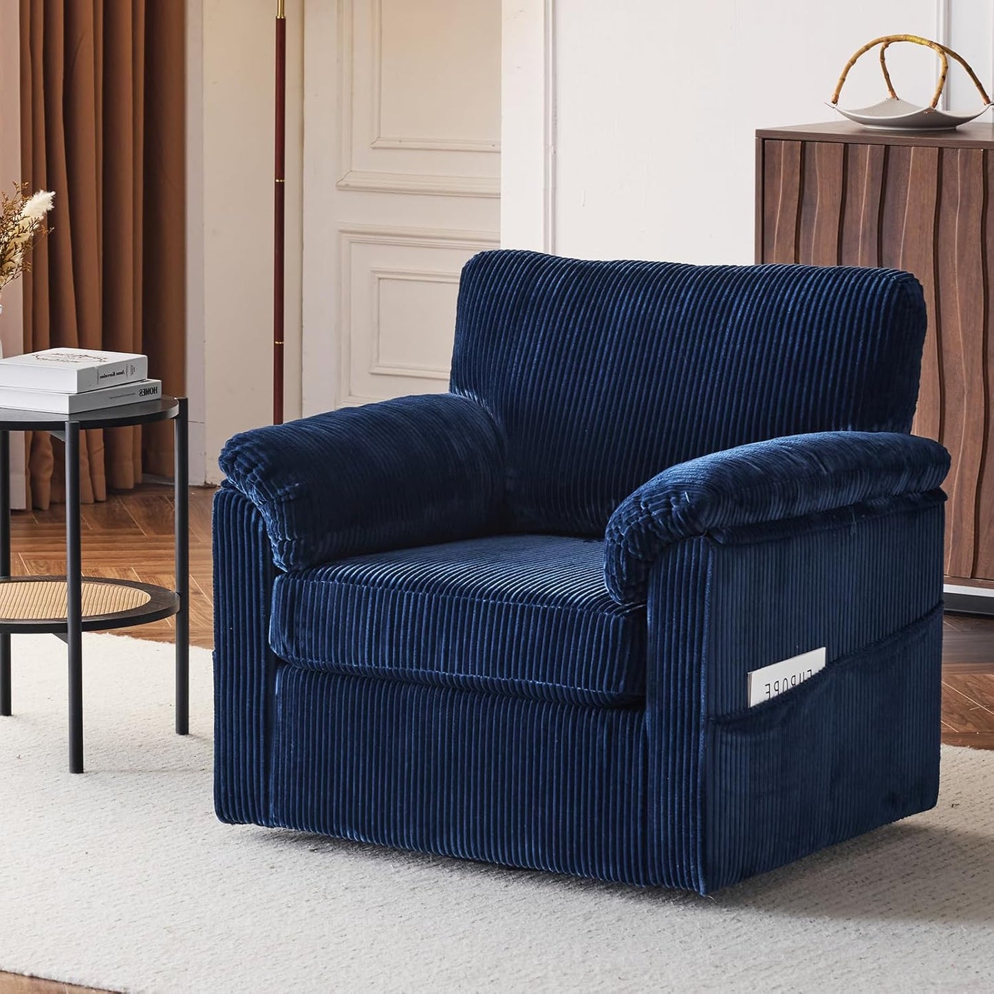 Accent Chair Set of 2, White Corduroy | Compact 360° Swivel for Small Spaces, Plush Deep-Cushioned Reading Chair
