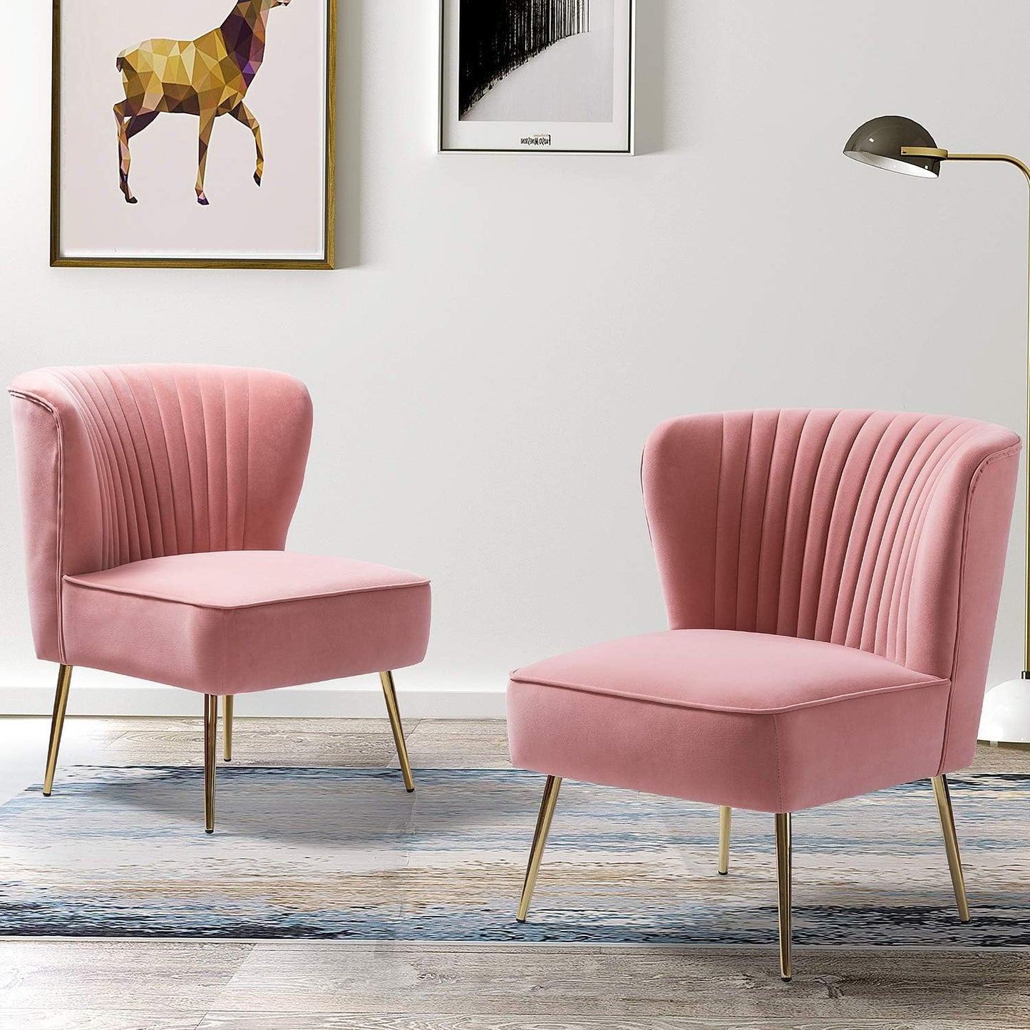 TINA'S HOME Velvet Accent Chair Set of 2 with Metal Golden Legs, Upholstered Armless Slipper Chair with Wingback, Mid Century Side Chair for Living Room Bedroom Makeup Vanity- Red