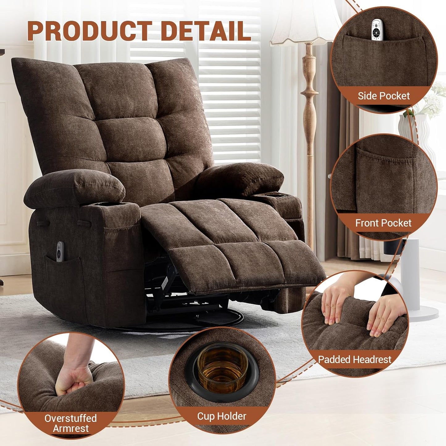 Swivel Rocker Recliner Chair with Heat and Massage,360 Degree Swivel Rocking Single Sofa with Cup Holders, Oversized Single Sofa Seat, Lazy Boy Recliner Chairs for Living Room