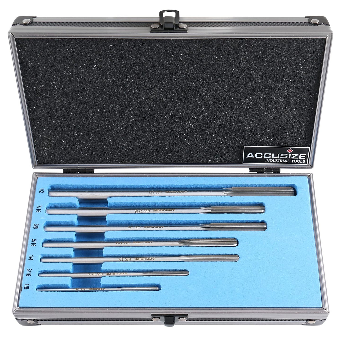 Accusize Industrial Tools 29 Pc Set 1/16 to 1/2 inch by 1/64 in HSS M2 Premium Chucking Reamers, Straight Flute, Aluminum Case, 5528-SF00