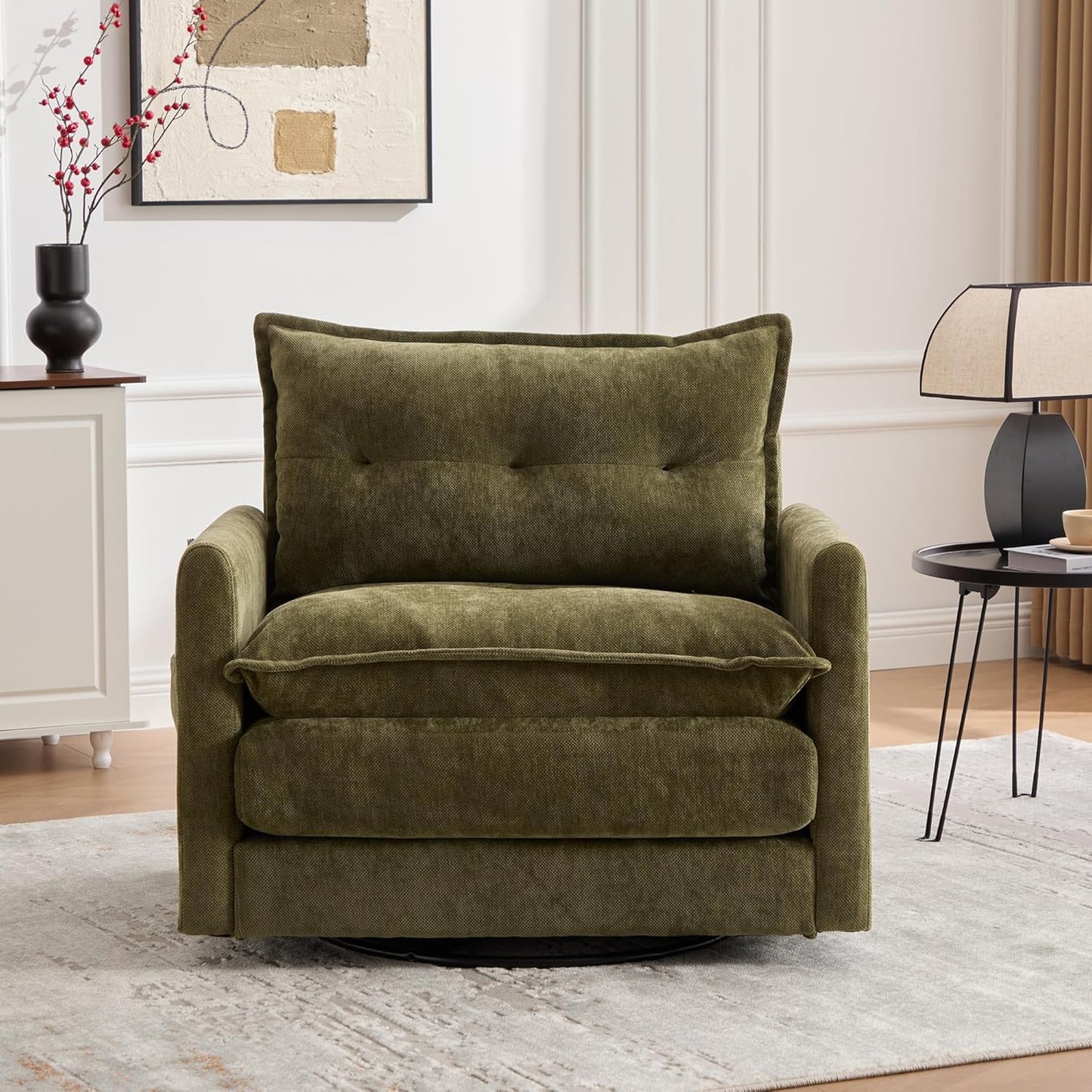 Swivel Accent Chair, 360° Rotating Square Arm Chair, Modern Accent Chair with Solid Metal Base, Chenille Comfy Upholstered Single Sofa for Living Room Bedroom Office (Gray)