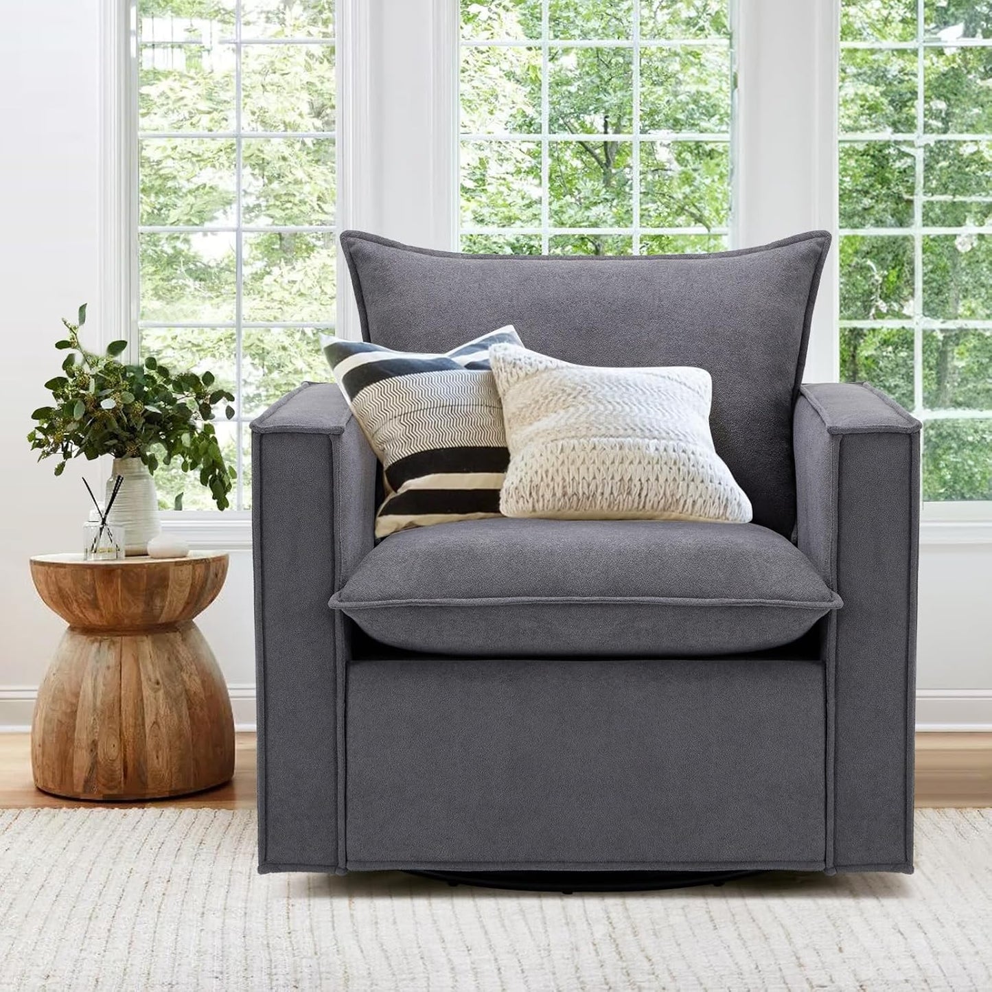 Swivel Accent Chair, 34 Inches Wide Upholstered Arm Chair with Plump Back Pillow, Modern Sofa Living Room Chair for Bedroom, Corner, Reading Nook-Beige