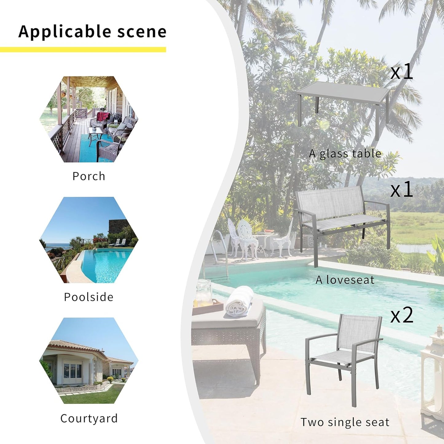 Shintenchi 4 Pieces Patio Furniture Set All Weather Textile Fabric Outdoor Conversation Set, with Glass Coffee Table, Loveseat, 2 Single Chairs for Home, Garden, Lawn, Porch(Silver)