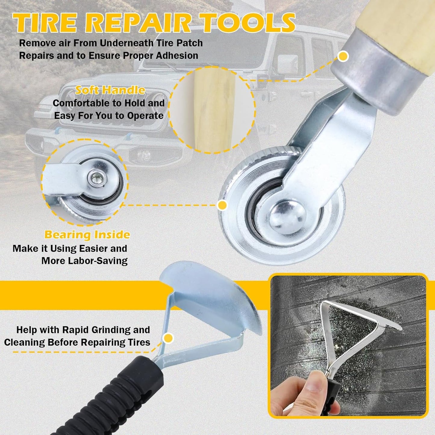 Air Tire Repair Kits, Wheel Polish Patch Tools, Includes 2500RPM Low Speed Air Tire Buffer, Tire Inner Liner Scrapper, Patch Roller, Tungsten Steel Buffing Wheel, and Precision Accessories
