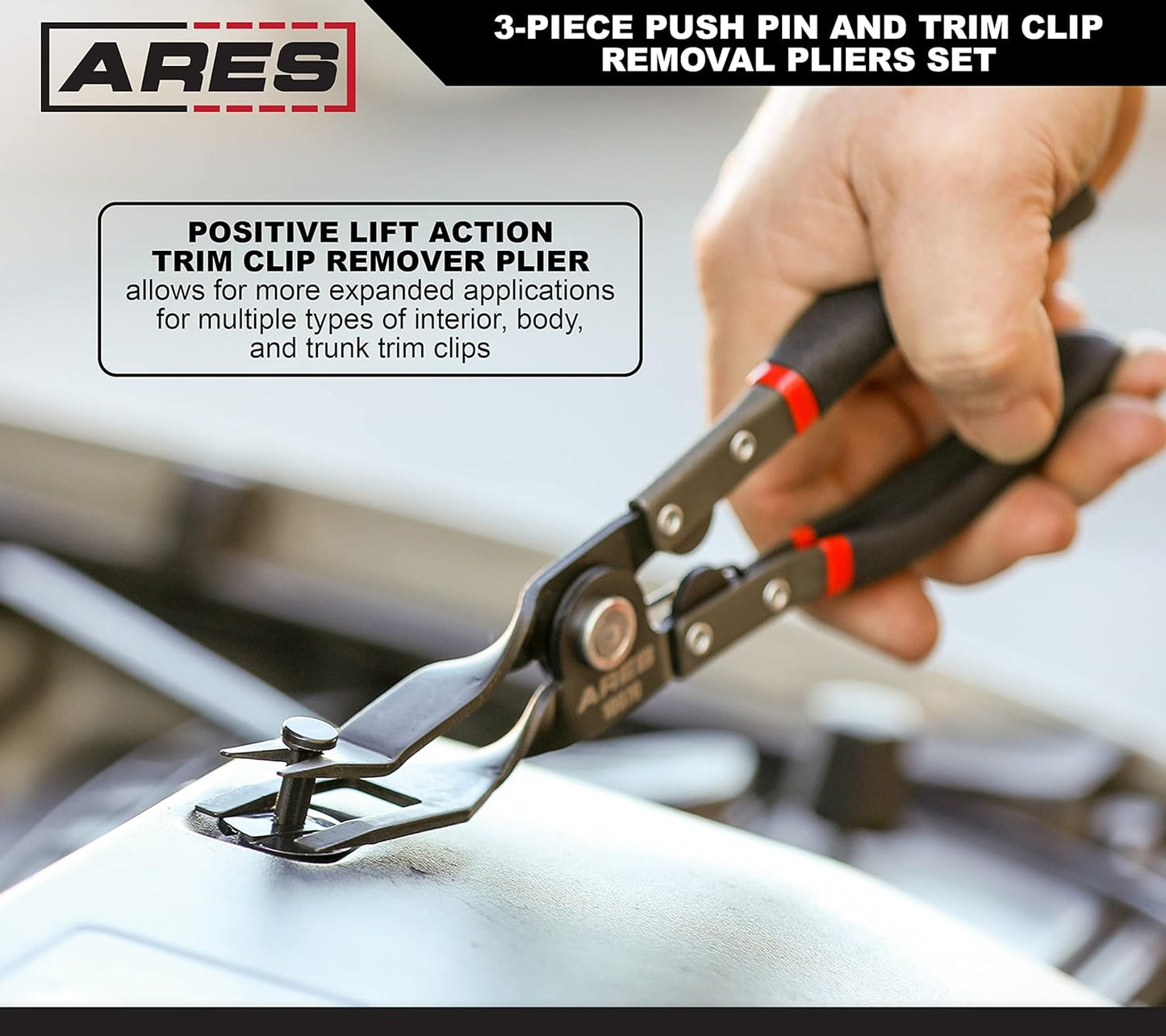 ARES 10074 – 3-Piece Push Pin and Trim Clip Removal Pliers Set – 30 Degree, 80 Degree, and Lift Action Pliers - Removes Push Pin and Press in Trim Clip Style Fasteners - Protects Trim and Fasteners