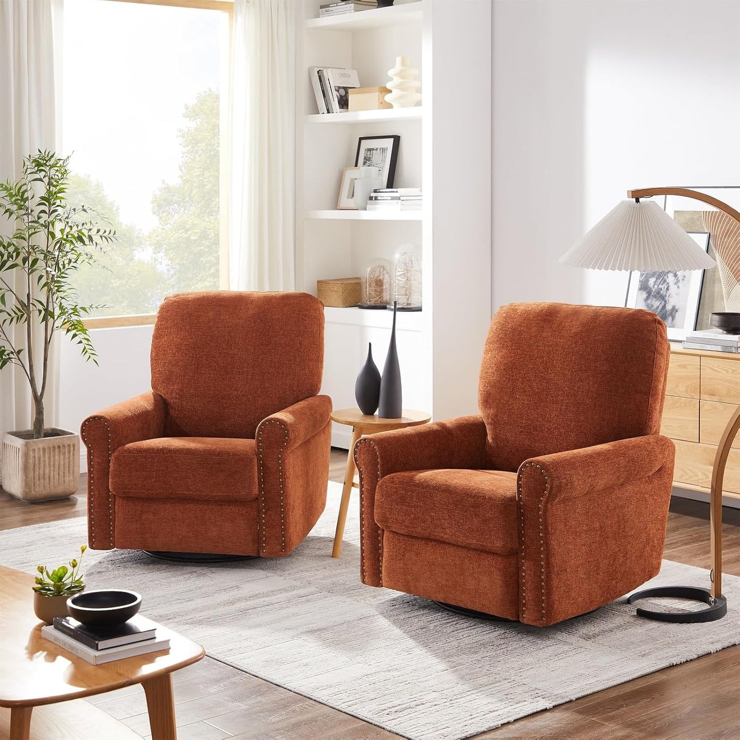 Accent Chairs 360° Recliner Chair Swivel Rocker Chair for Adults, Nursery Swivel Chairs for Living Room, High Back Upholstered Deep Seat Lazy Boy Recliner Chairs (Polyester Fabric- Dark Gray-1PCS)