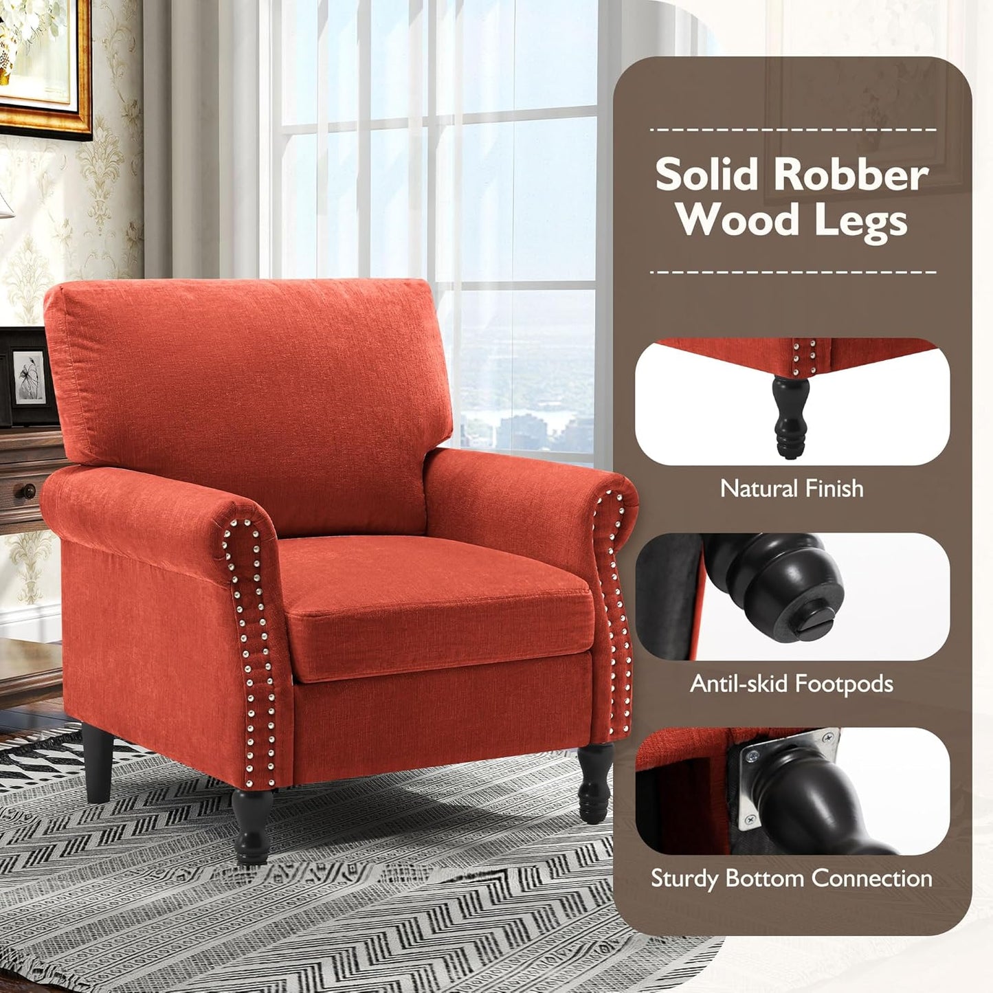 Accent Chair, High Back Upholstered Armchair with Solid Legs, Leisure Single Sofa Chair for Living Room, Bedroom, Home Office(Tangerine,All Senson)