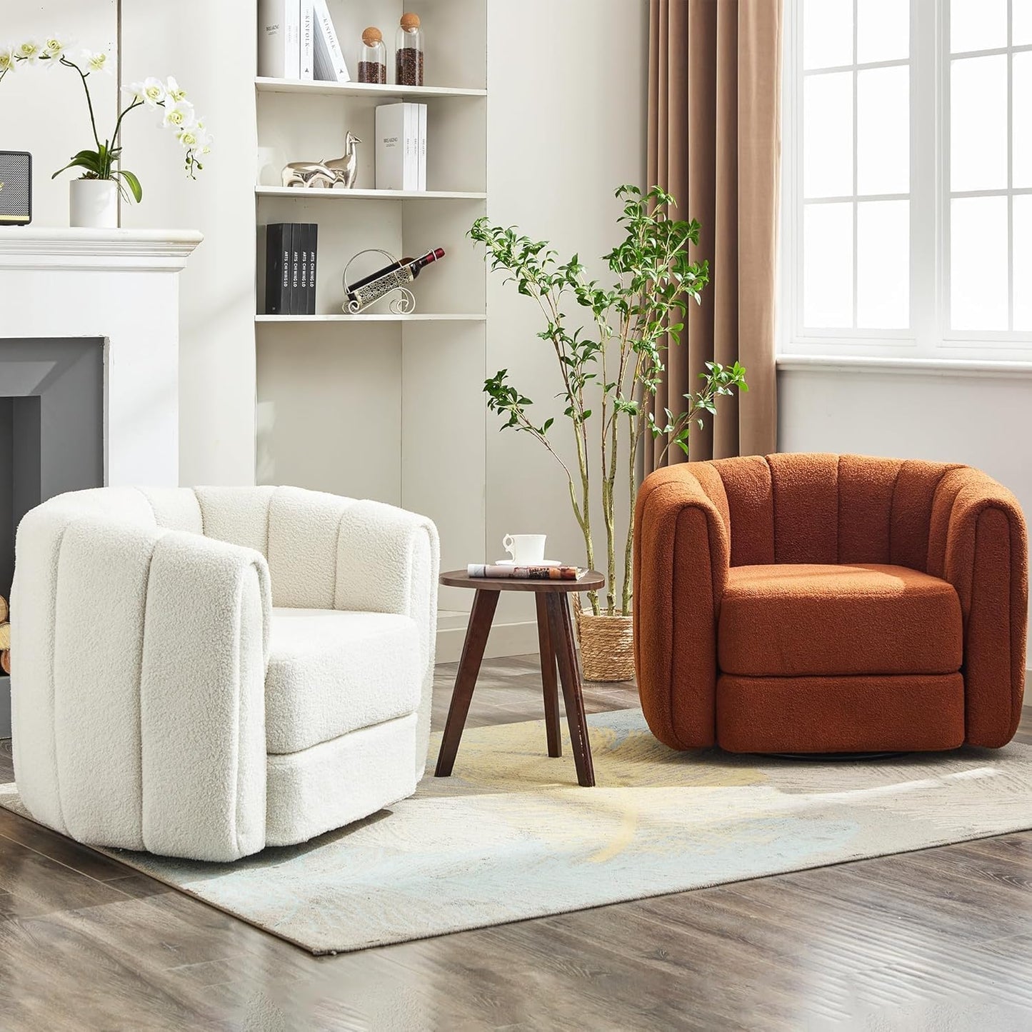 Swivel Accent Chairs Set of 2 for Living Room, Pumpkin Shaped Single Club Sofa Chair, Teddy Fabric 360 Degree Round Swivel Barrel Armchair for Home Bedroom Apartment Office (Brown)