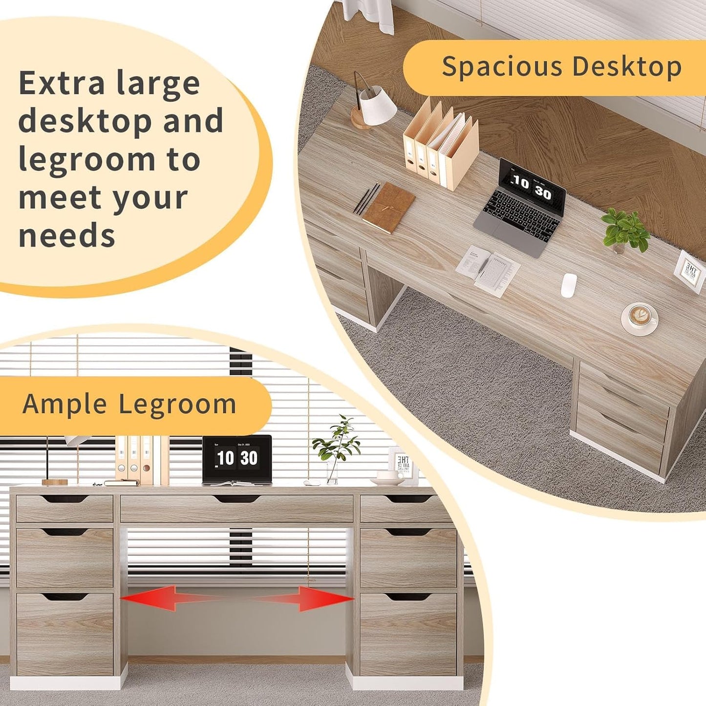 54 Inch Computer Desk with Storage Drawers, Executive Desk with 7 Drawers for Bedroom, Office Desk with File Cabinet for Work Study Writing, Small Spaces, White and Walnut