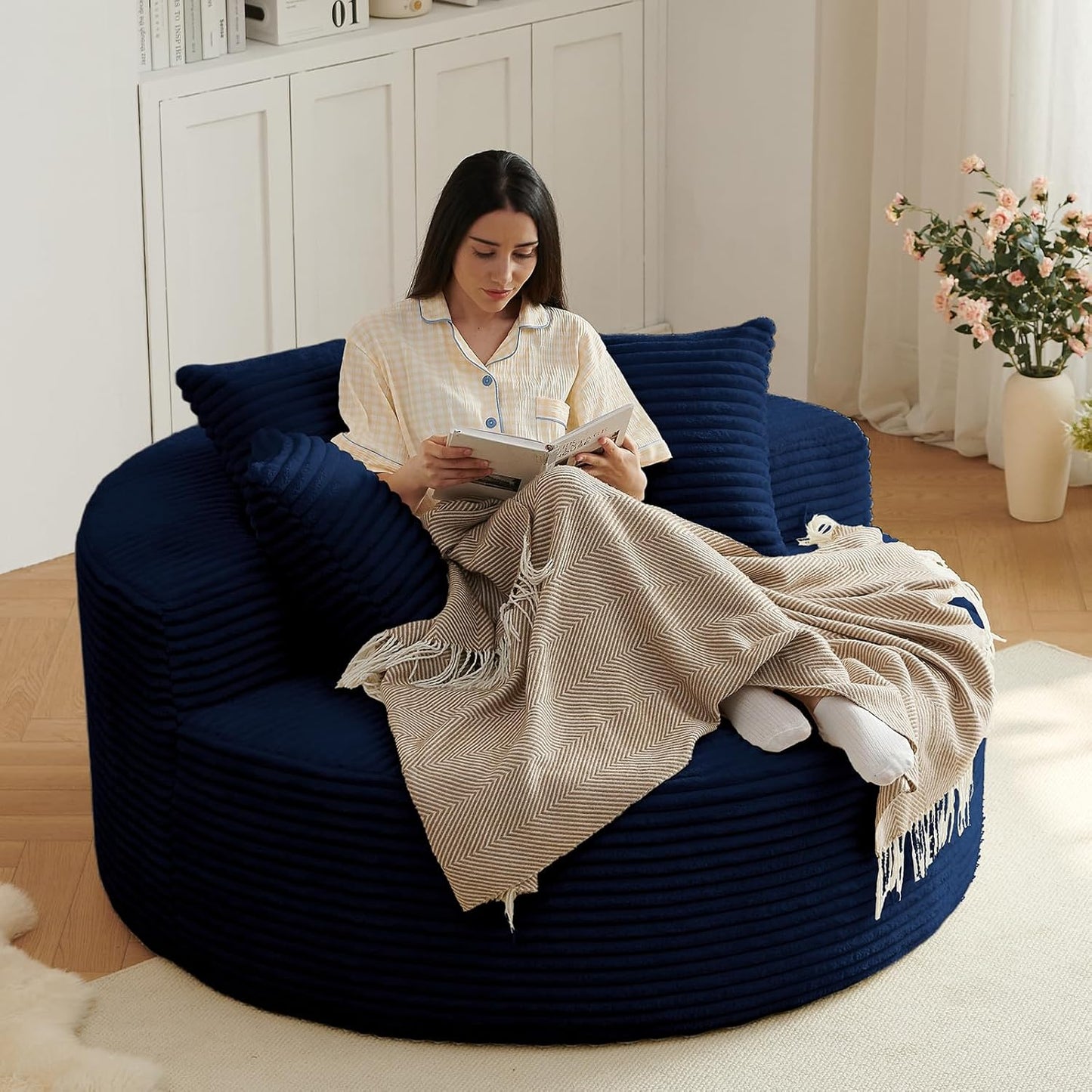 55" L Corduroy Sponge Single Sofa, Oversized Round Chair, Fluffy Modern Sleeper Chairs for Living Room, Lounge and Projection Room, Wide Armrest Lounge Chairs, Armchair with Pillow White
