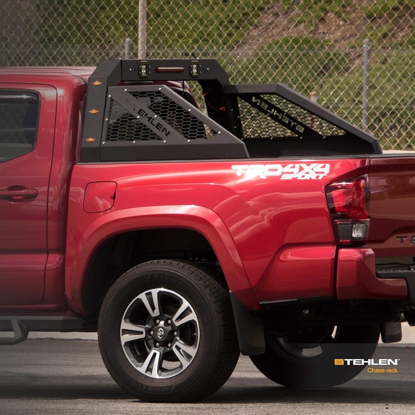 642167842477 Universal Adjustable Truck Bed Chase Rack Roll Bar with 3rd Third Brake Light & 2X LED Work Lamps Bars & 6X Amber Side Marker - Matte Black