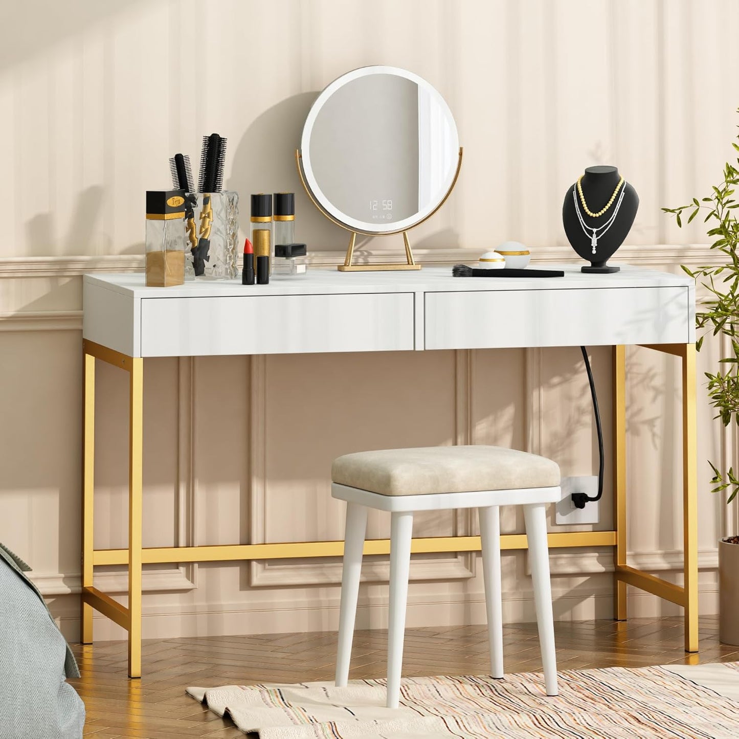 Treocho Computer Desk with USB Charging Ports and Power Outlets, Modern Simple 40 inch White Desk with 2 Drawers, Vanity Desk, Makeup Table for Home Office, Bedroom