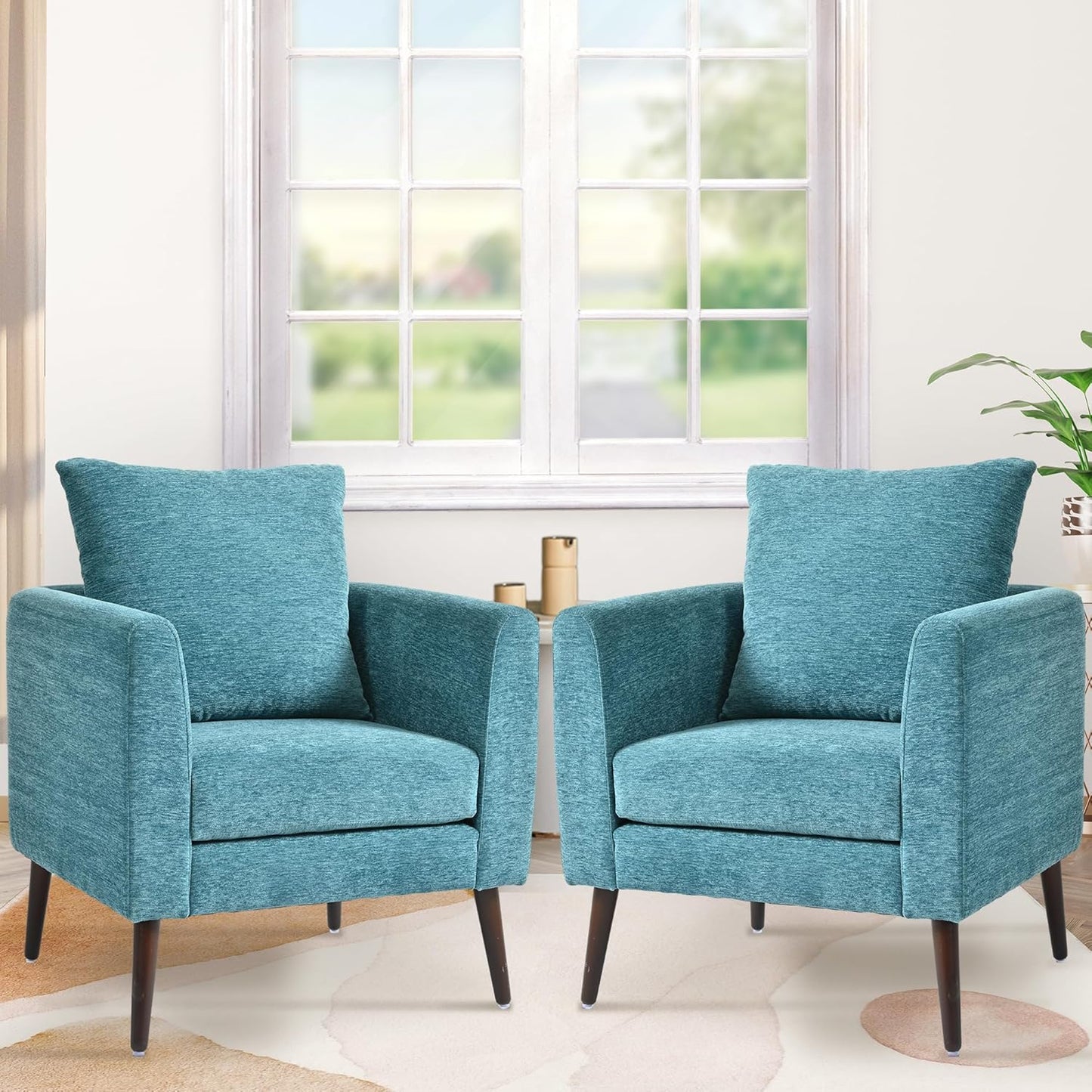 Accent Chair Set of 2, Upholstered Armchair with Pillow, Fabric Single Sofa Chair with Lounge Seat and Wood Legs Accent Chair for Living Room Small Spaces (Grey, Set of 2)