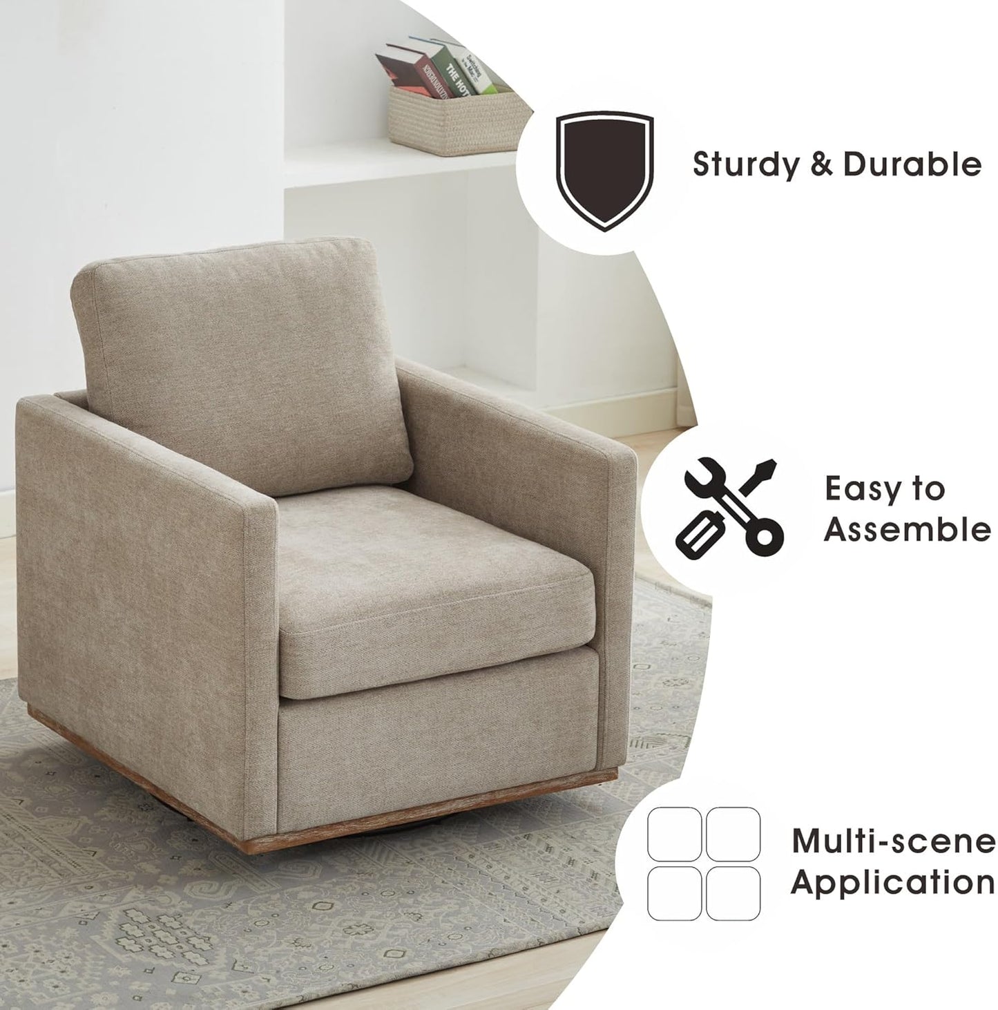 Sinzho & Wiyfun 30.7" W Upholstered Swivel Accent Chair Mid Century Modern Chenille Swivel Chairs for Living Room, Taupe