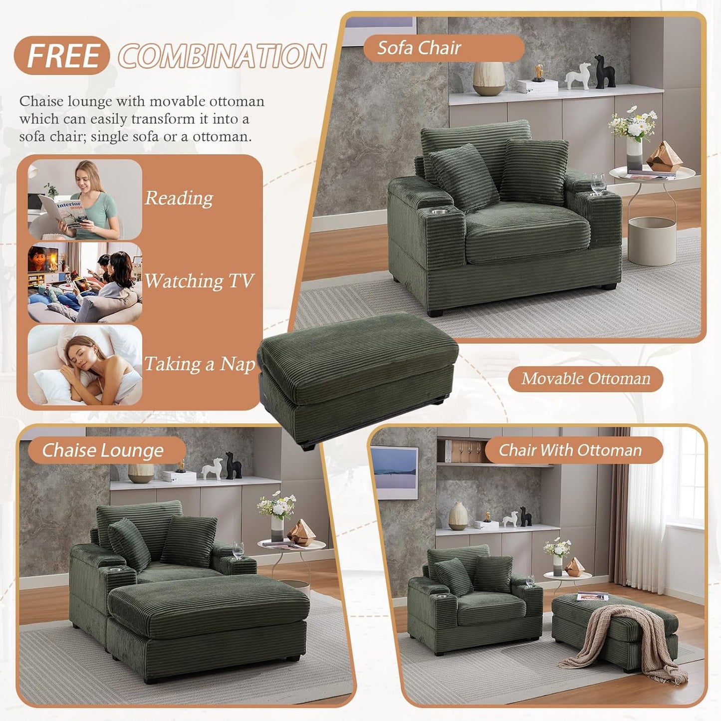 50" Oversized Chaise Lounge Chair Indoor with Ottoman and Storage, Deep Seat Upholstered Reading Chair, Comfy Corduroy Sleeper Chair with Cup Holder, Reclining Chair for Living Room, Bedroom, Green