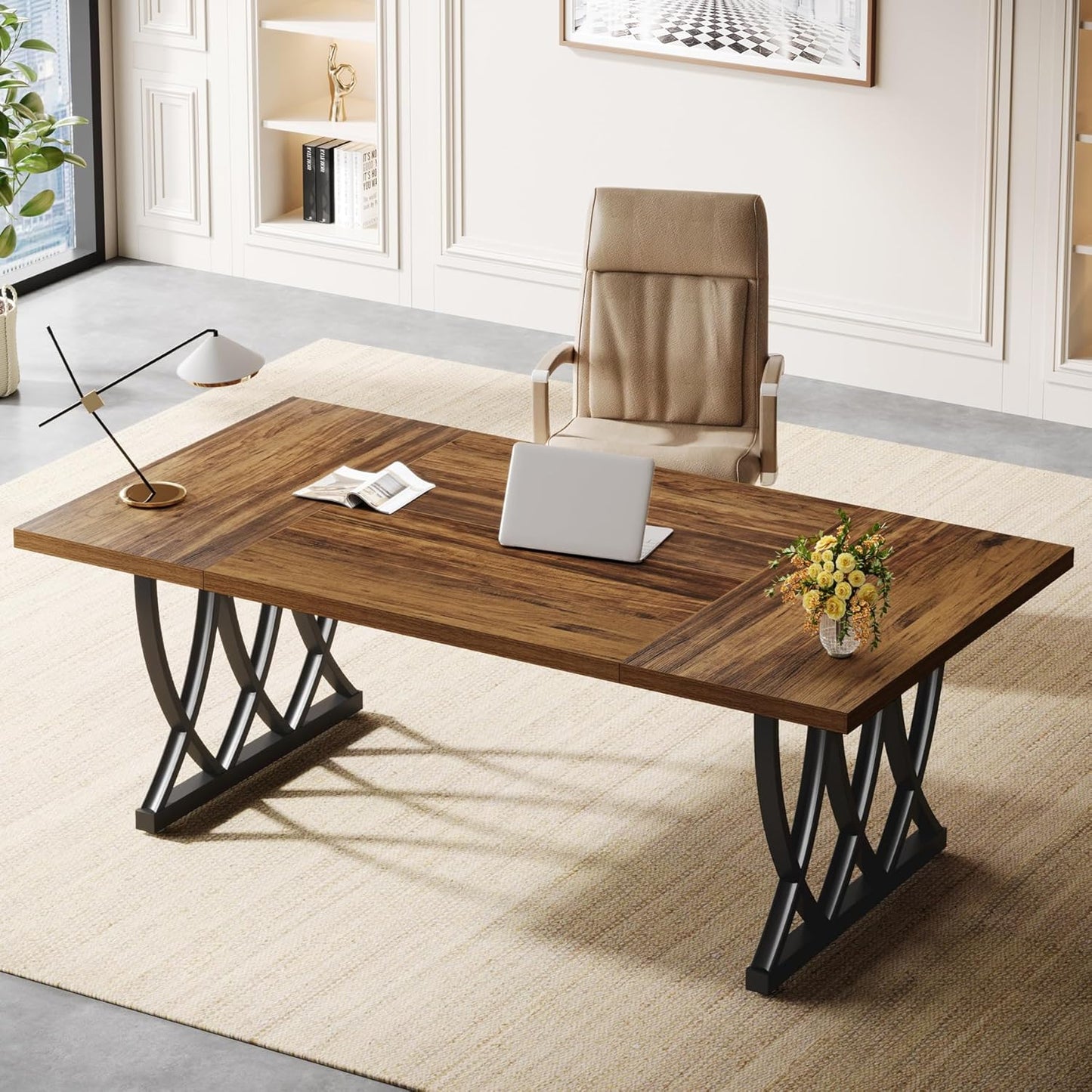 Tribesigns 70.86-Inch Executive Desk, Large Home Office Desk Computer Desk with Thick Metal Frame, Rectangle Study Writing Table Workstation for Home Office (Retro Brown & Black)