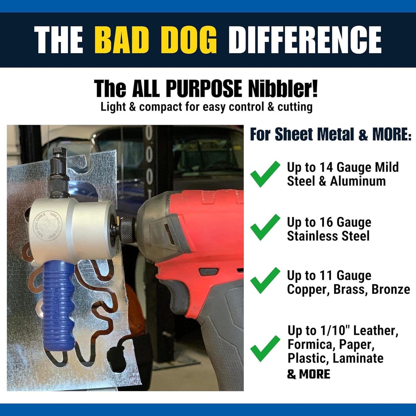 Bad Dog Long Dog Biter Kit - Dual Head Nibbler Drill Attachment w/ 4” Reach. Includes Two Patented Steerable Heads (2” & 4”) & a spare 2", HSS blades, Set Screw & Combo-Wrench.