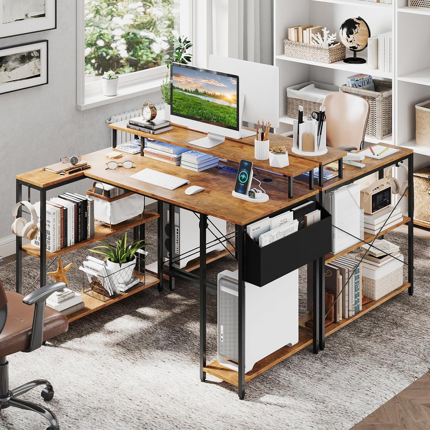 Tangkula L-Shaped Gaming Desk with LED Lights & Power Outlets, 48"/120 cm Computer Desk with Storage Shelves & Monitor Stand, Corner Gaming Desk with Metal Frame, Home Office Desk (Rustic Brown)