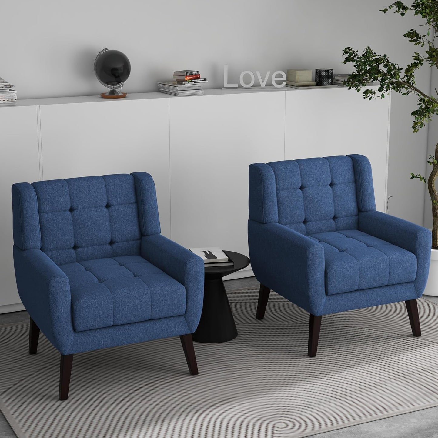 Accent Chairs Set of 2, Modern Fabric Upholstered Armchairs for Living Room, Comfy Arm Chairs Tufted Back and Solid Wood Legs for Bedroom Office Room (Light Blue)