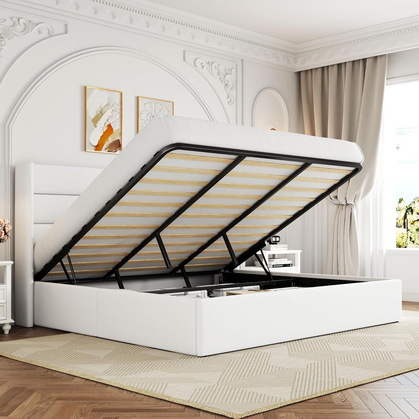 Allewie King Size Lift Up Storage Bed, Modern Wingback Headboard, Hydraulic Support, No Box Spring Needed, Light Beige