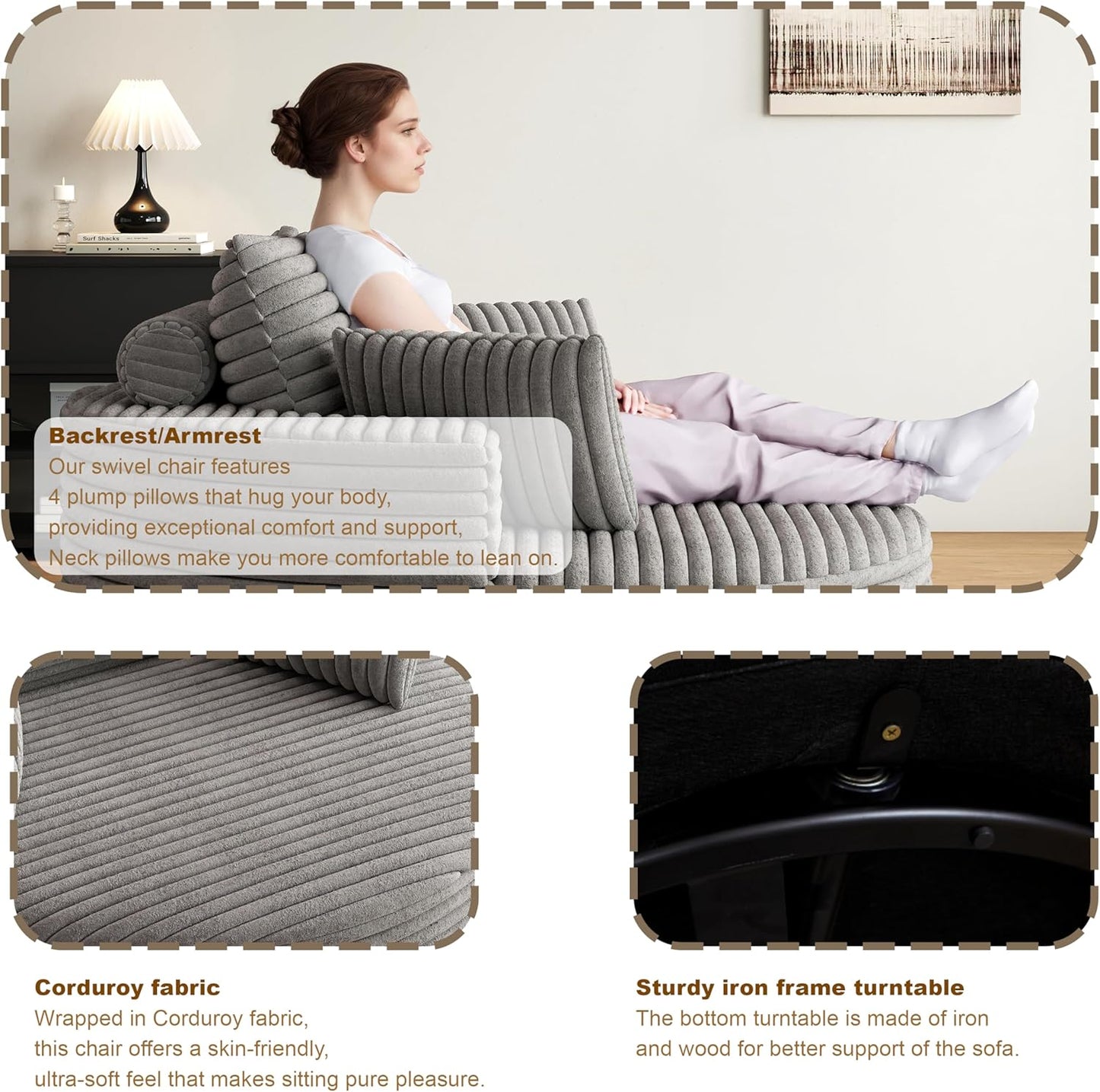 TTK 55” Oversized Corduroy Swivel Chair, Fluffy 360° Rotating Sleeper Armchair with Pillows & Headrest, Full Foam Barrel Chair for Living Room, Bedroom, Reading Nook, Lounge or Apartment,Gray