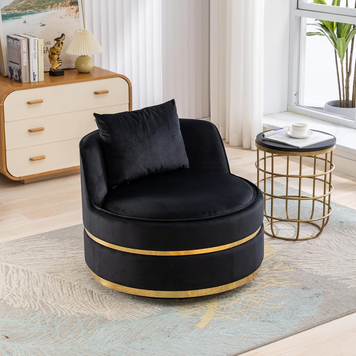 Ball & Cast 360°Swivel Accent Chair with Pillow,Velvet Upholstered Oversized Barrel Chair with Seat Cushion for Reading,Movies,Nap in Living Room,Bedroom,Apartment,Black