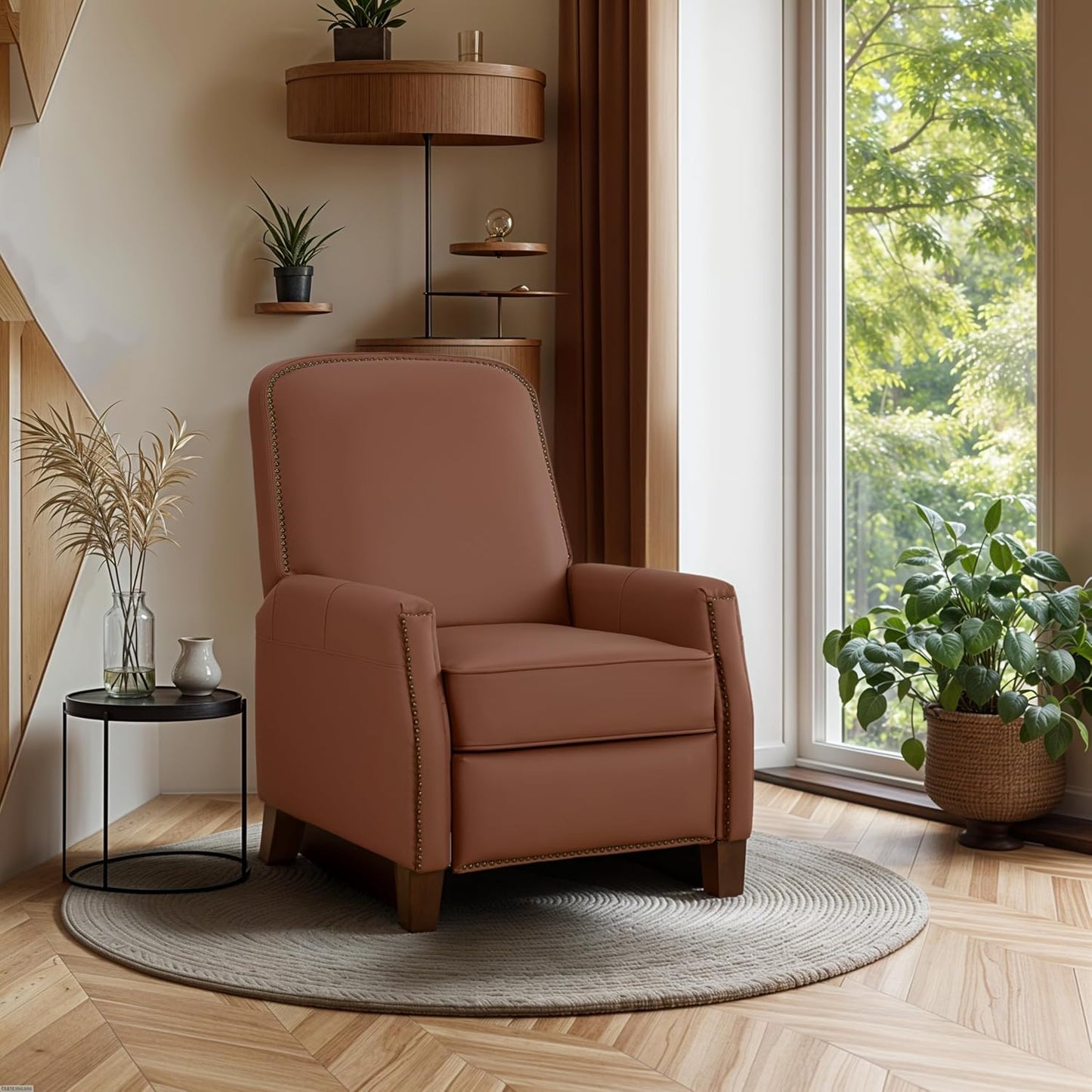 Simple Deluxe Mid-Century Modern Pushback Chair, Faux Leather Recliner Chair for Bedroom, Adjustable Single Upholstered Sofa with Brass Nailhead Trim, Recliners Armchair for Living Room, Black