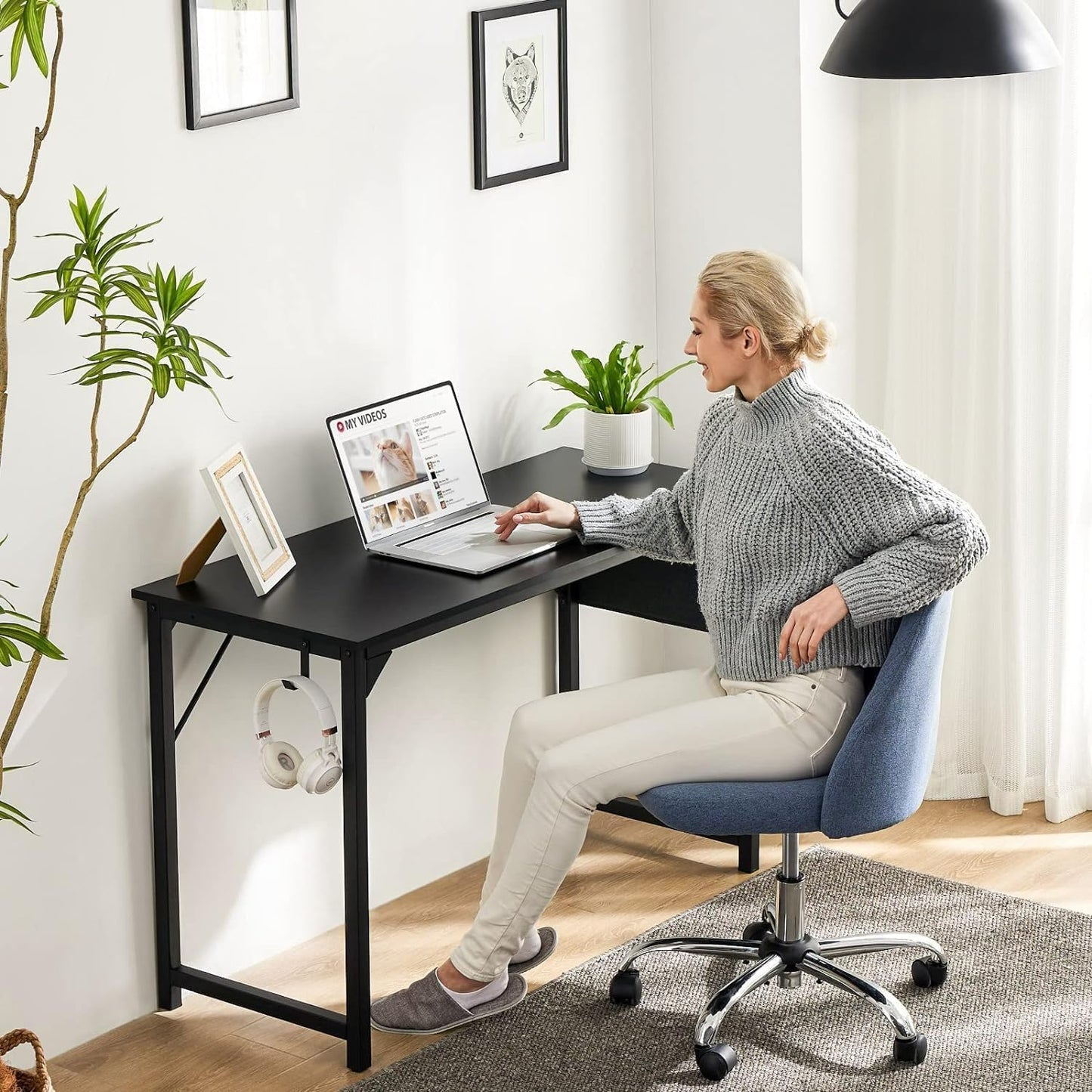 Sweetcrispy Computer Desk - Office 48 Inch Writing Work Student Study Modern Simple Style Wooden Table with Storage Bag & Iron Hook for Home Bedroom - Black